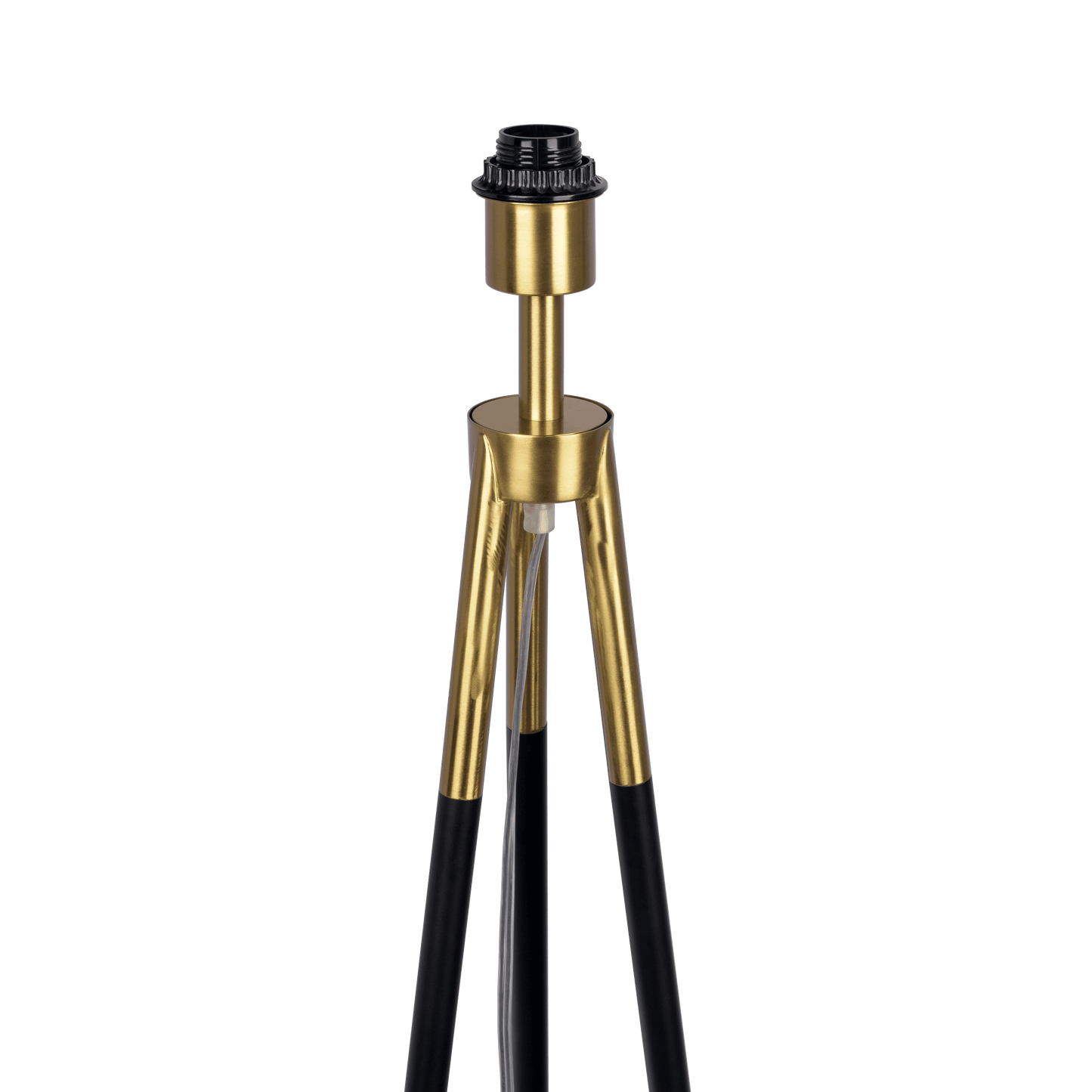 Brass and black tripod floor lamp base with gold socket