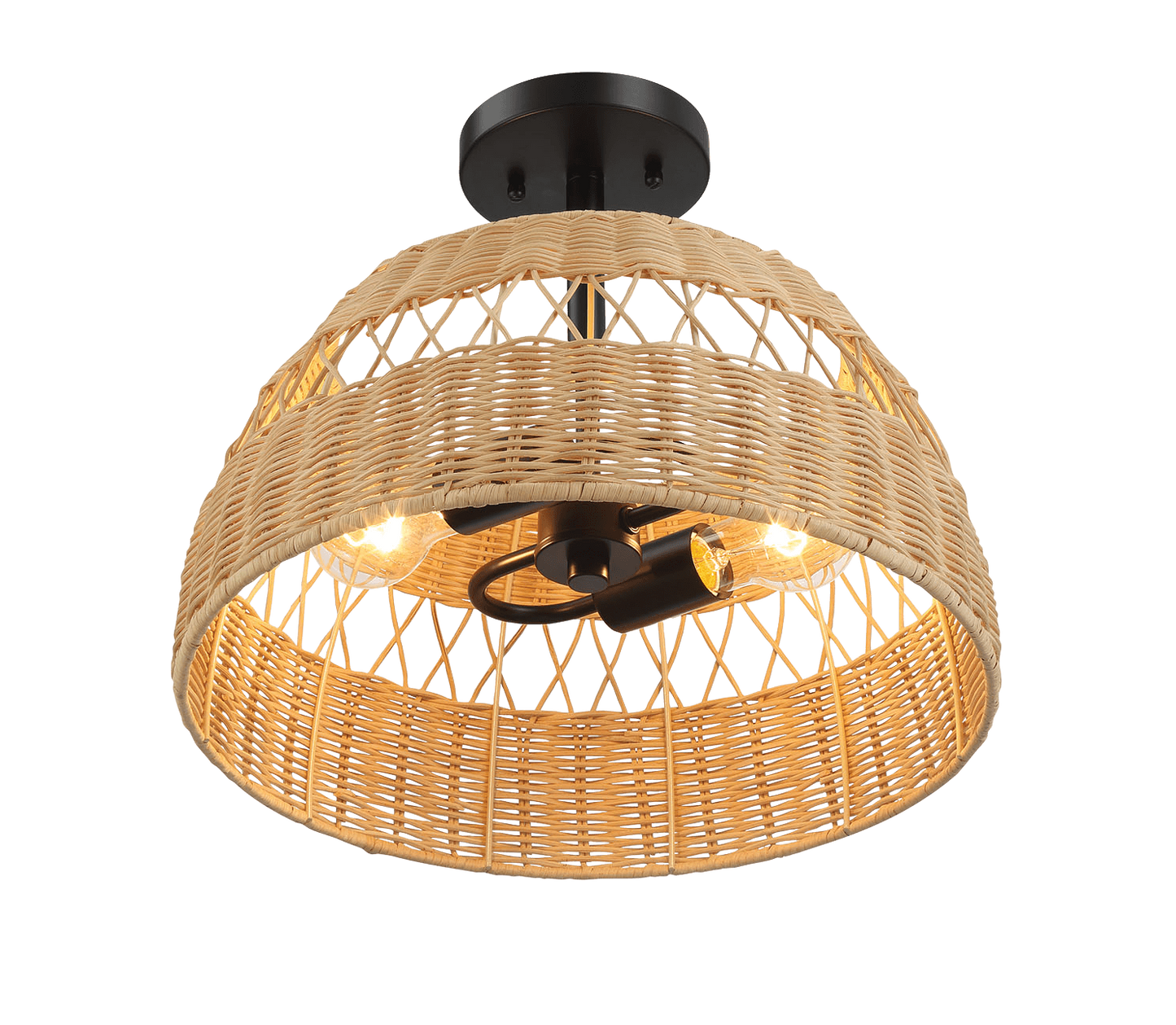 Natural wicker ceiling light with black metal accents and exposed bulbs