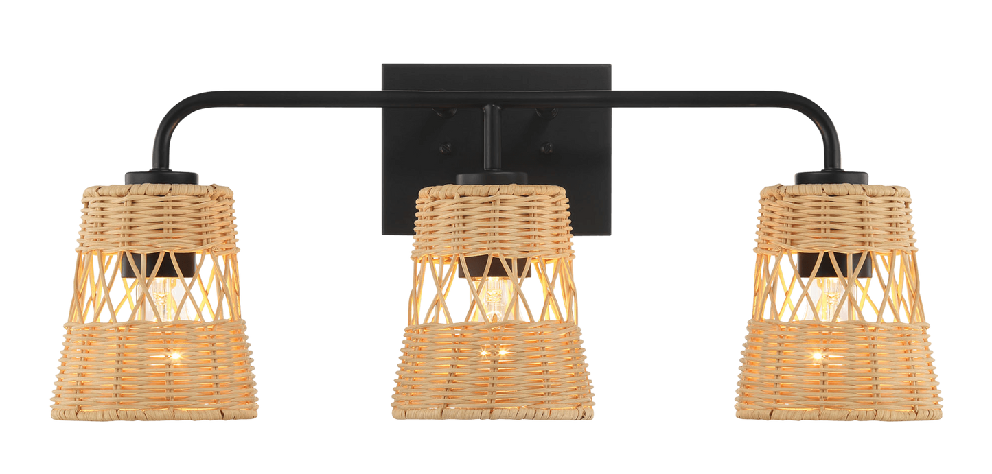 Black metal vanity light with three natural woven rattan shades and exposed bulbs