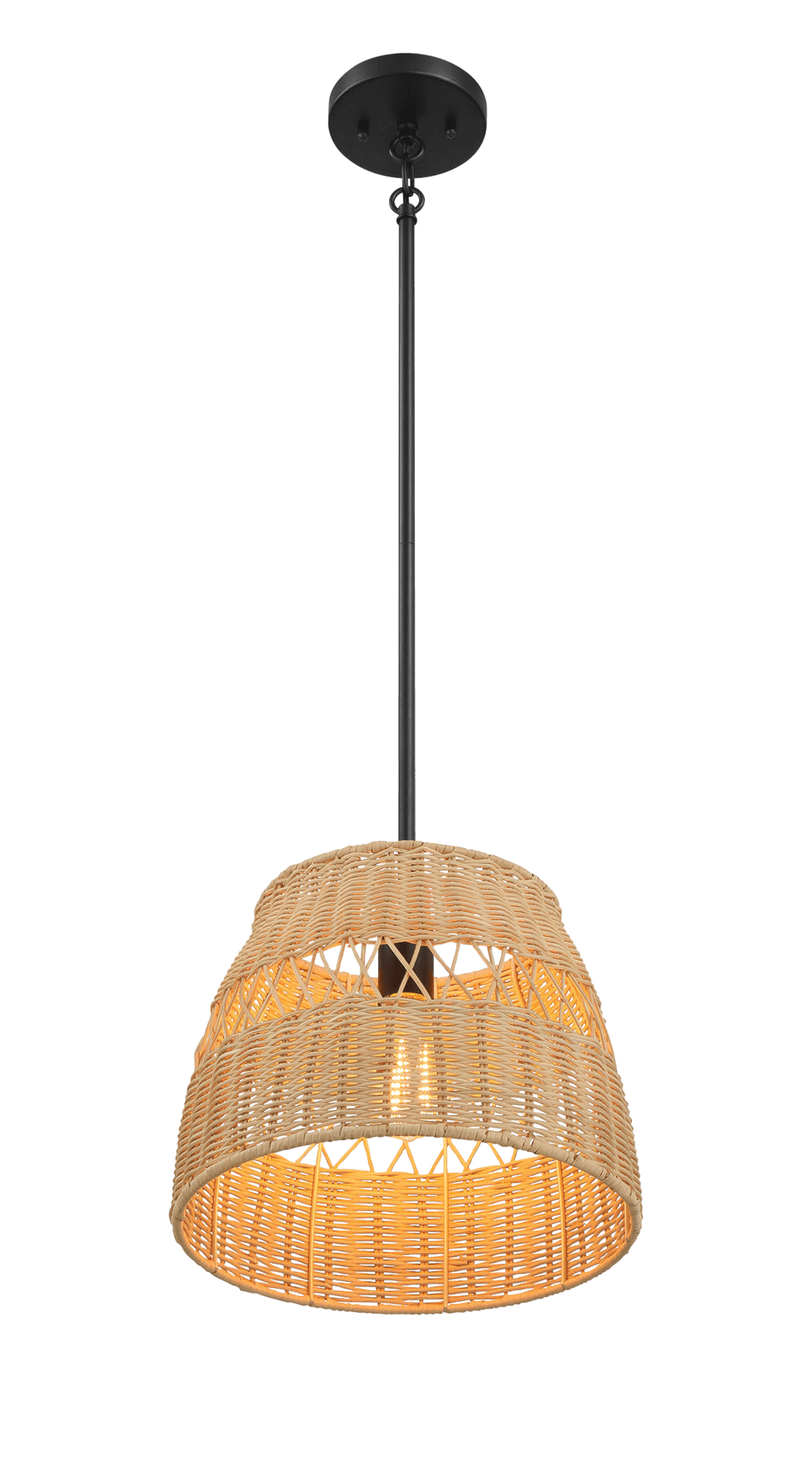 Natural woven rattan pendant light with a black metal accent and chain for warm ambient lighting