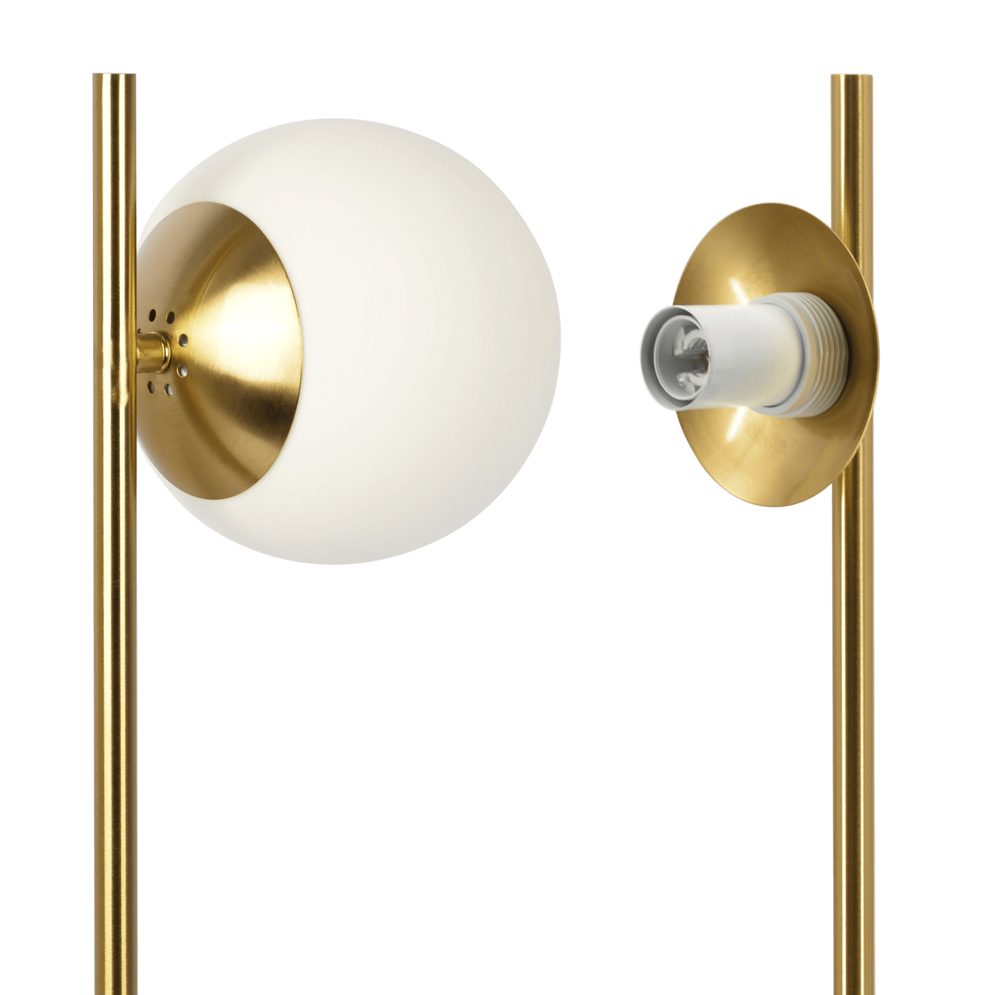 Modern brass floor lamp with a white glass globe shade and exposed bulb socket