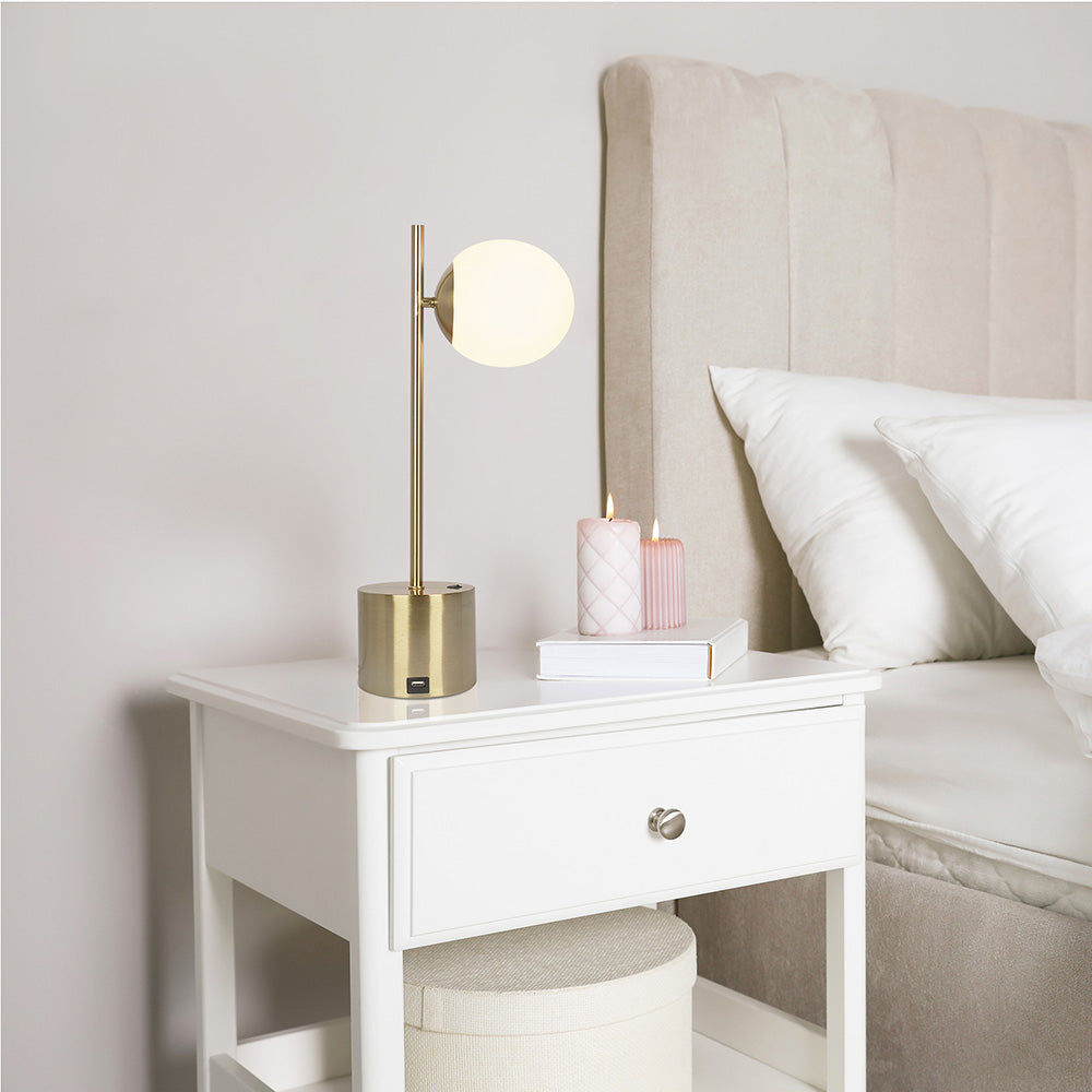Modern brass bedside lamp with USB port white spherical shade and stable base
