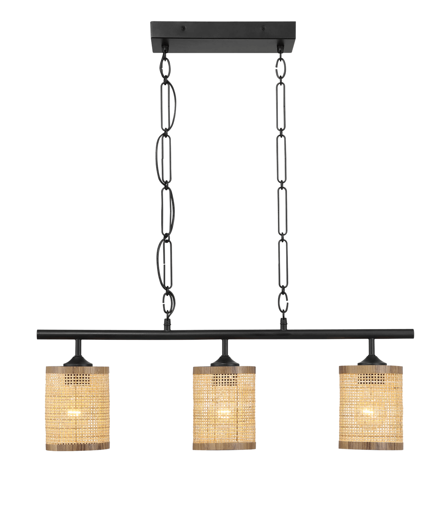 Black chainhung light pendant with woven rattan shades and wood trim