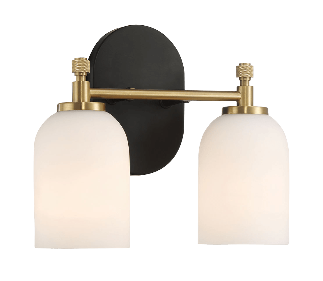 Modern black and brass double sconce with frosted glass shades