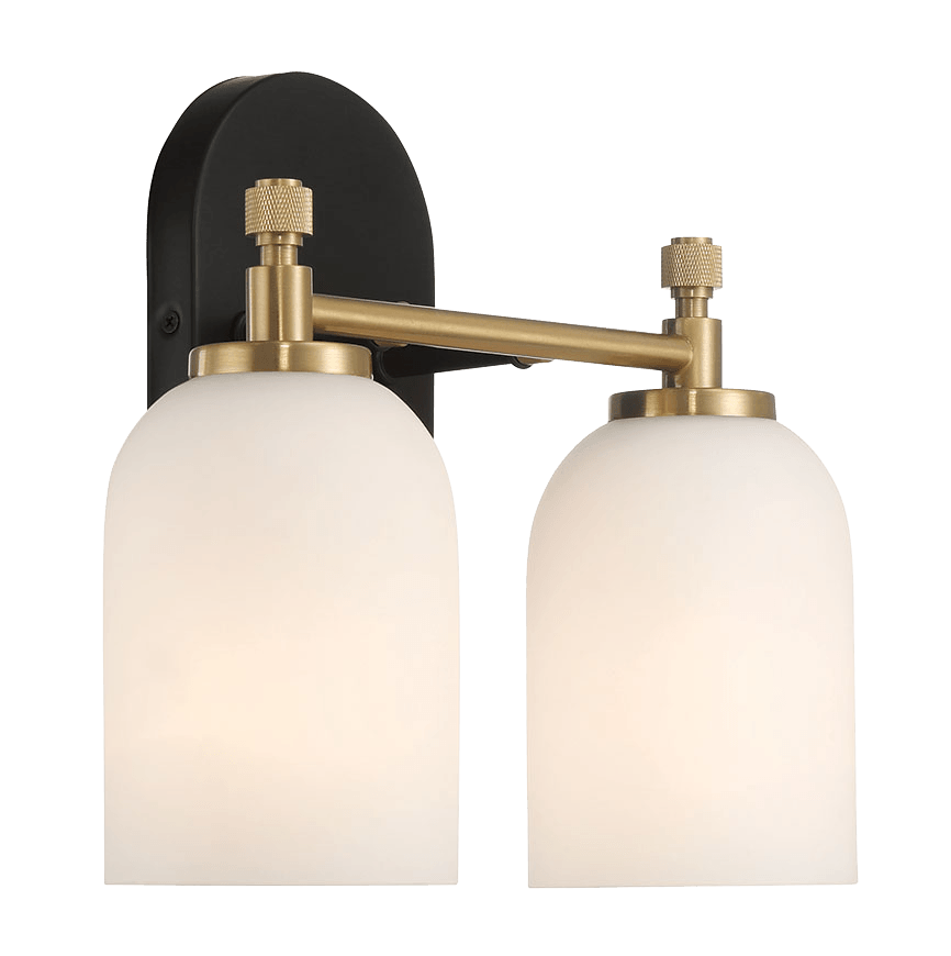 Black and brass doubleglobe vanity light with frosted glass shades for bathroom use