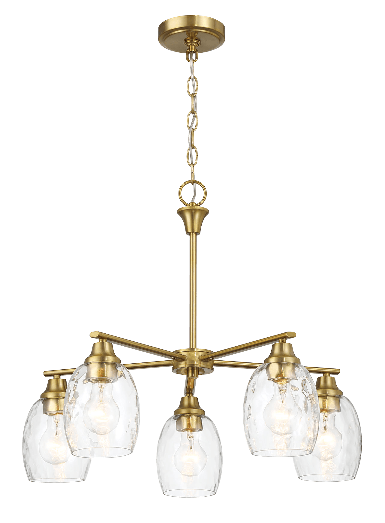Fivelight brass chandelier with clear seeded glass shades and exposed Edison bulbs for modern lighting
