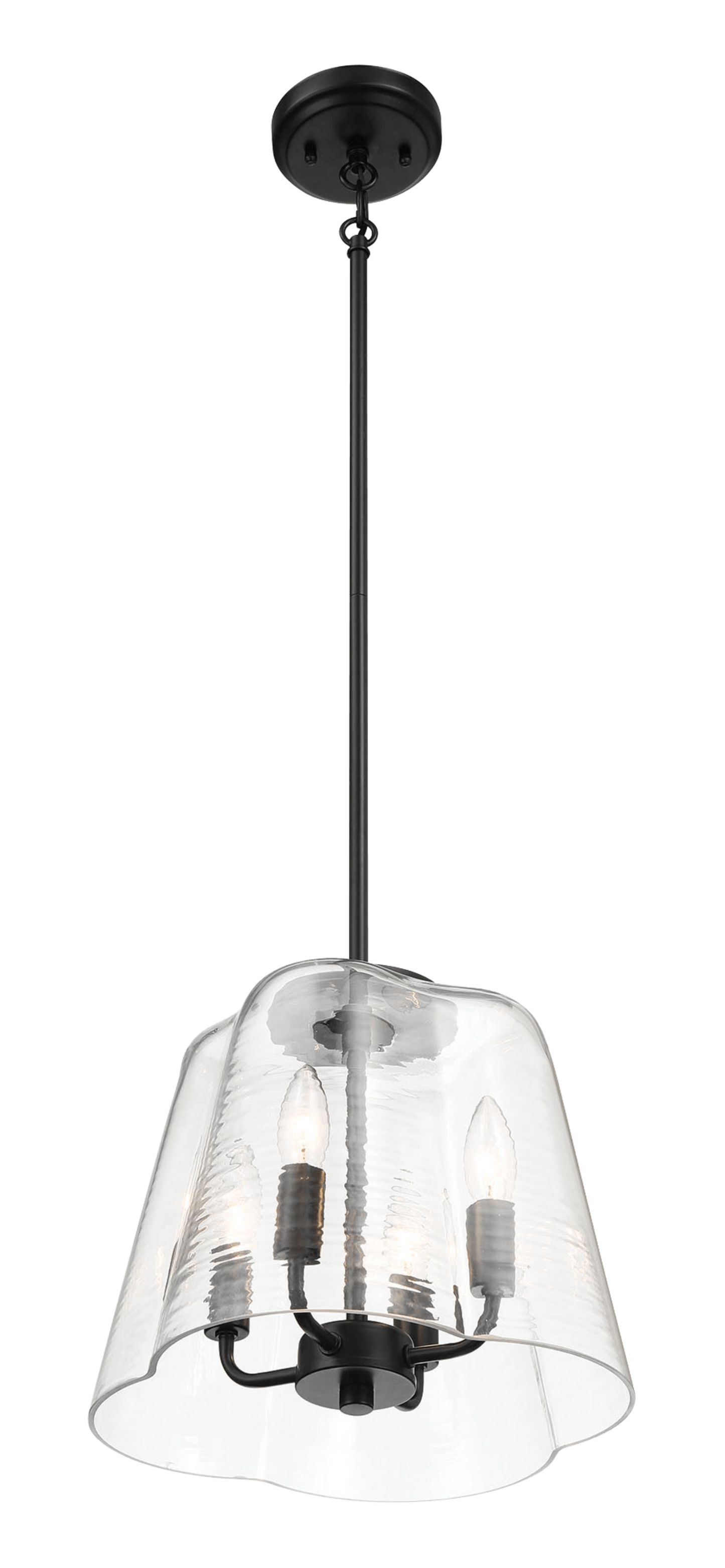 Black threelight pendant with a clear seeded glass shade