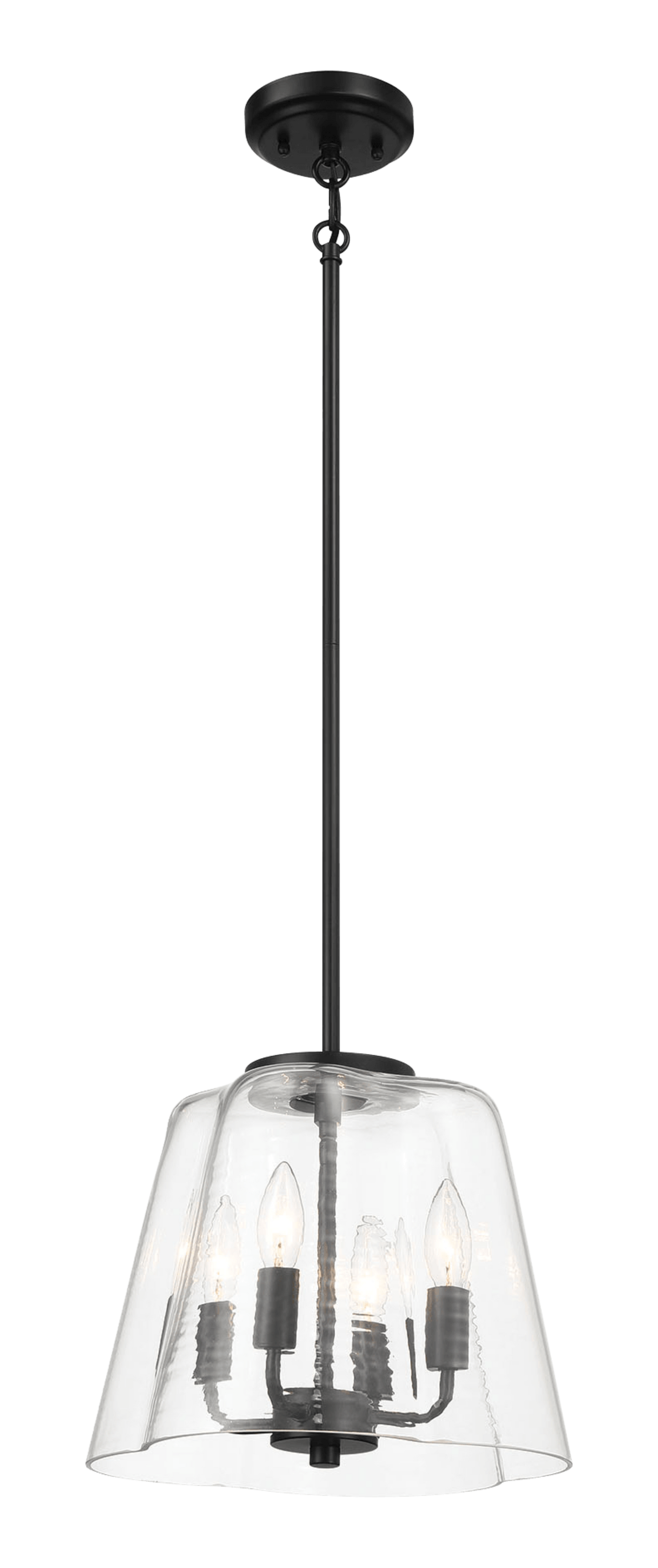 Black industrial pendant light with four bulbs and clear seeded glass shade