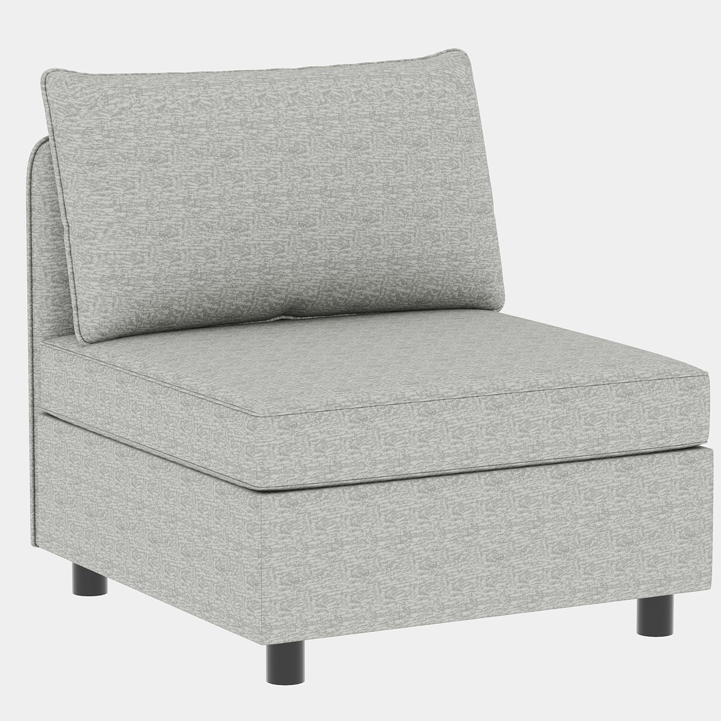 Modern gray upholstered armless accent chair with patterned fabric and dark cylindrical legs