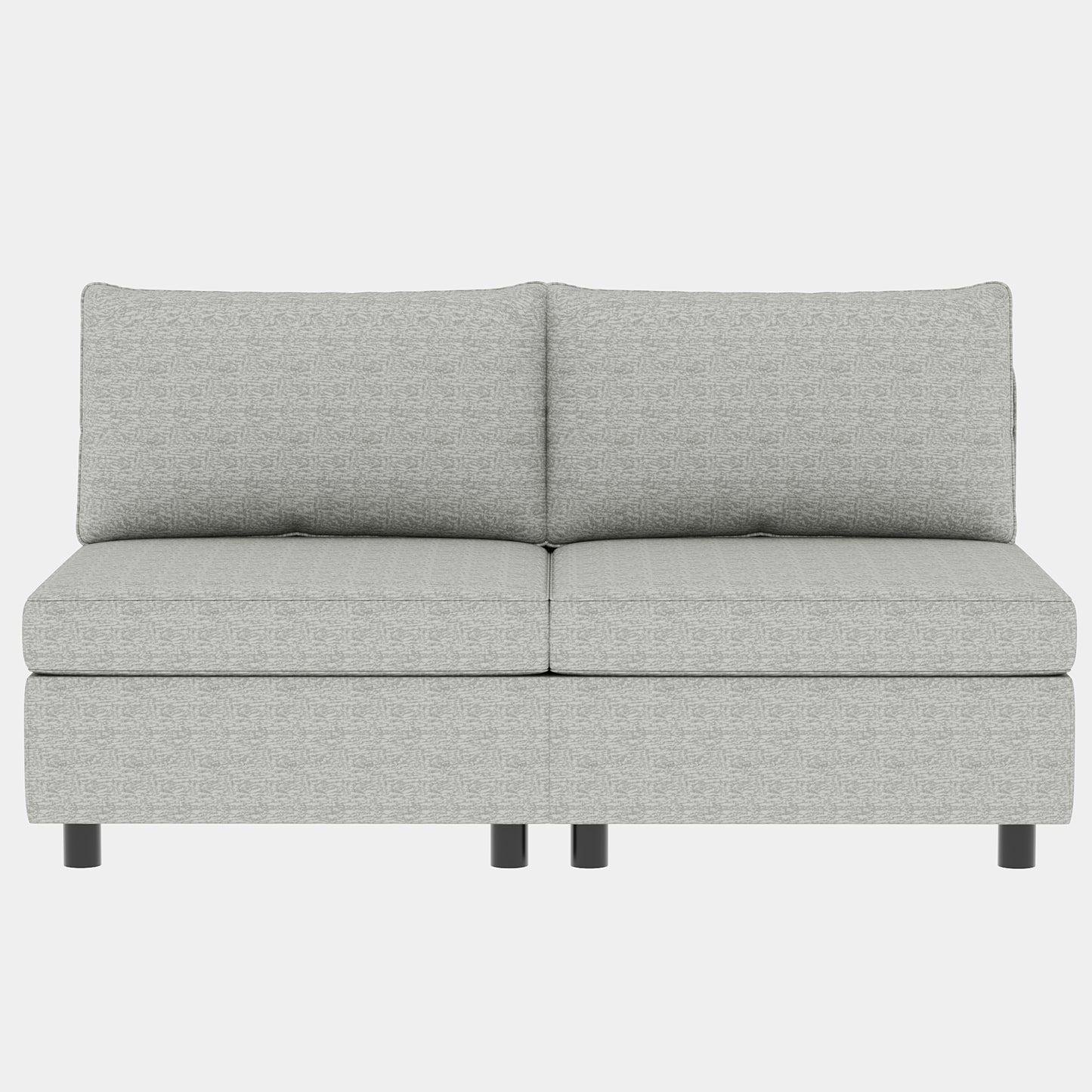 Light grey textured fabric loveseat with two seat cushions and two back pillows