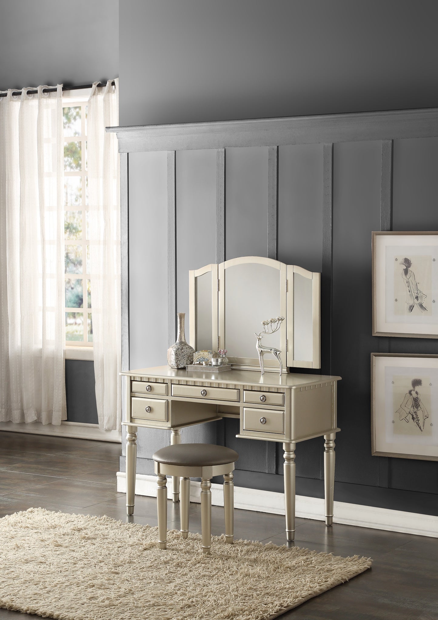 Champagne gold vanity table with trifold mirror and cushioned stool