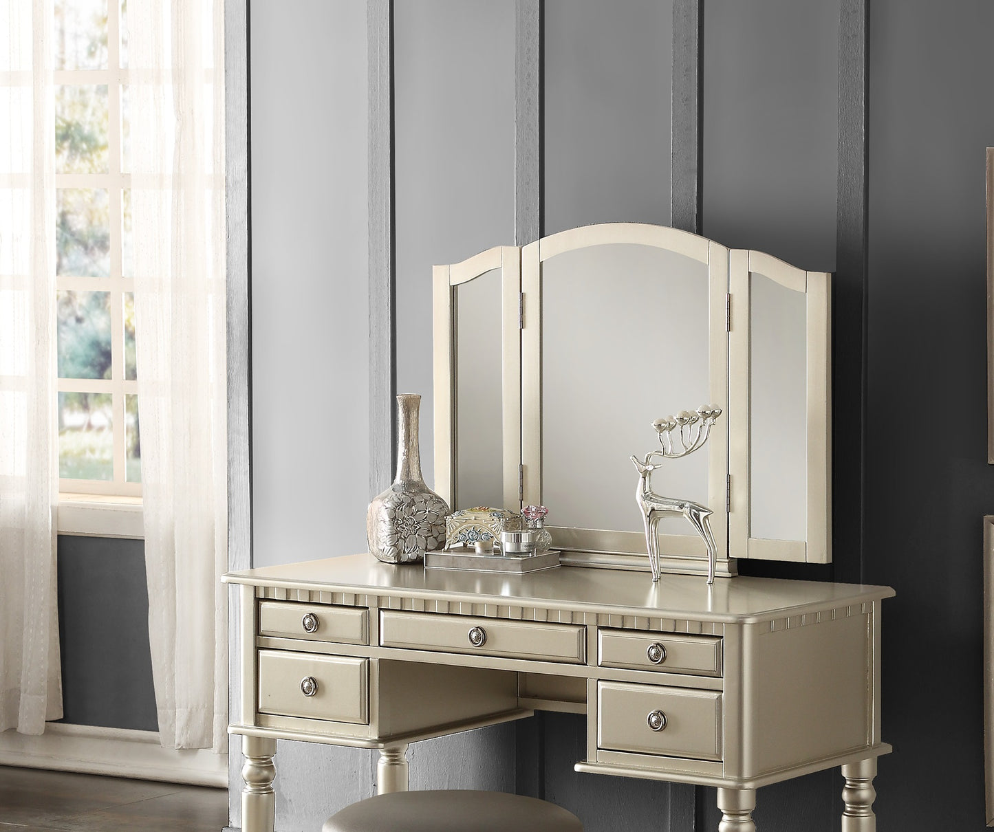 Champagne gold vanity table with trifold mirror and crystal drawer pulls