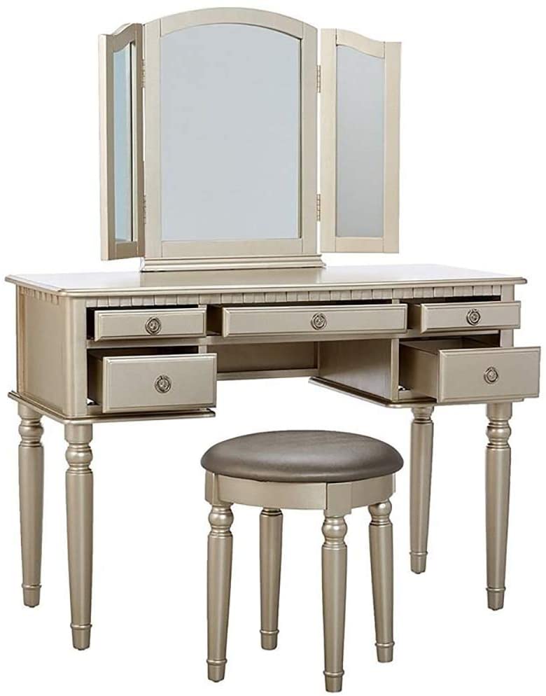 Silver vanity table with trifold mirror and padded stool