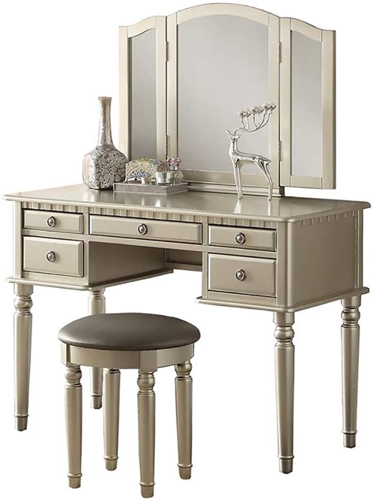Champagne drawer vanity with trifold mirror and matching stool