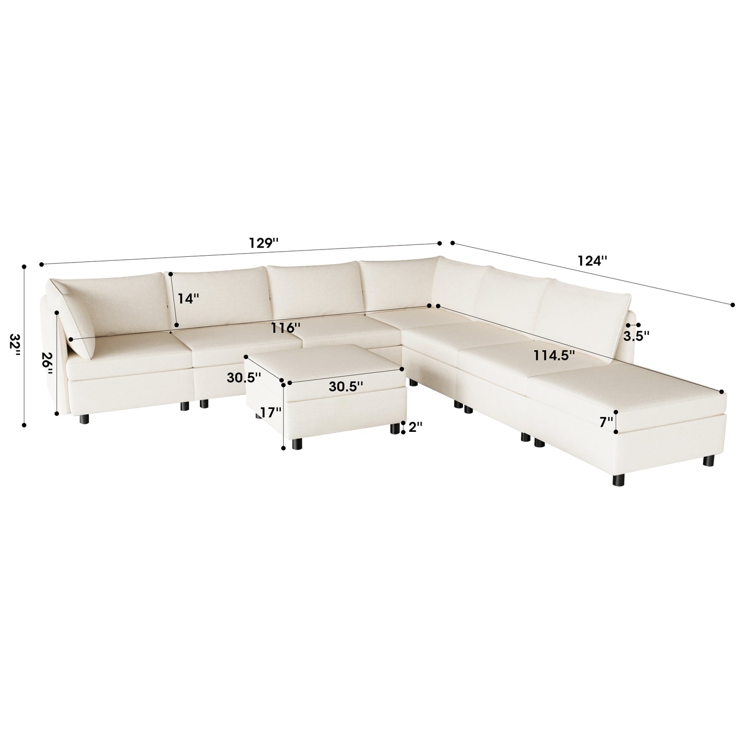 Cream sectional sofa with ottoman modern design and plush fabric for living room comfort