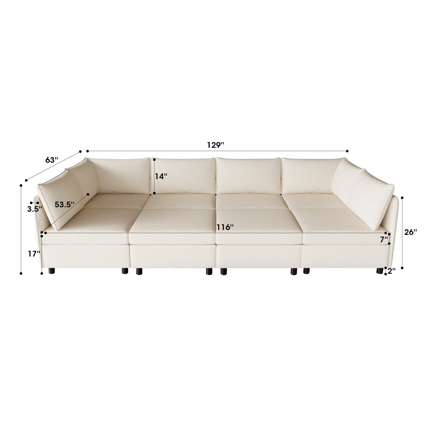 Cream fabric sectional sofa with square armrests and plush seat cushions
