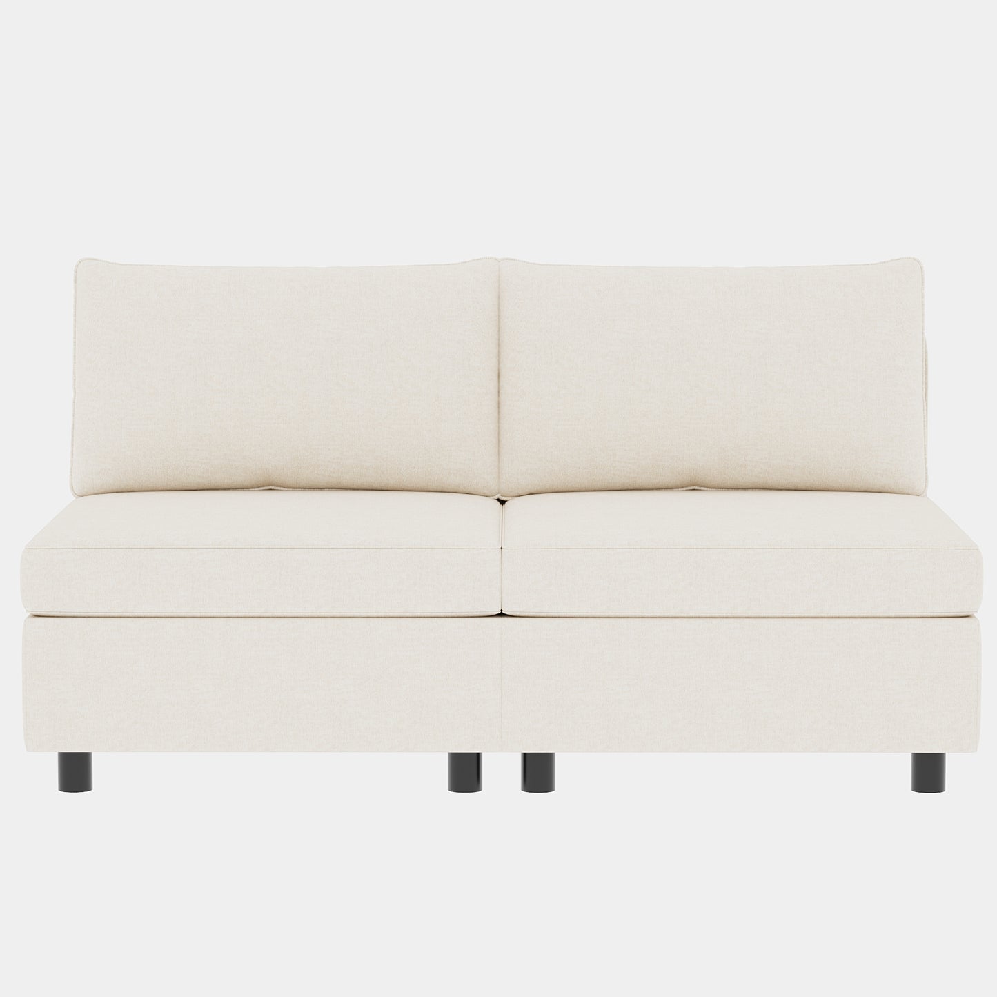 Cream fabric loveseat with plush cushions and modern black legs