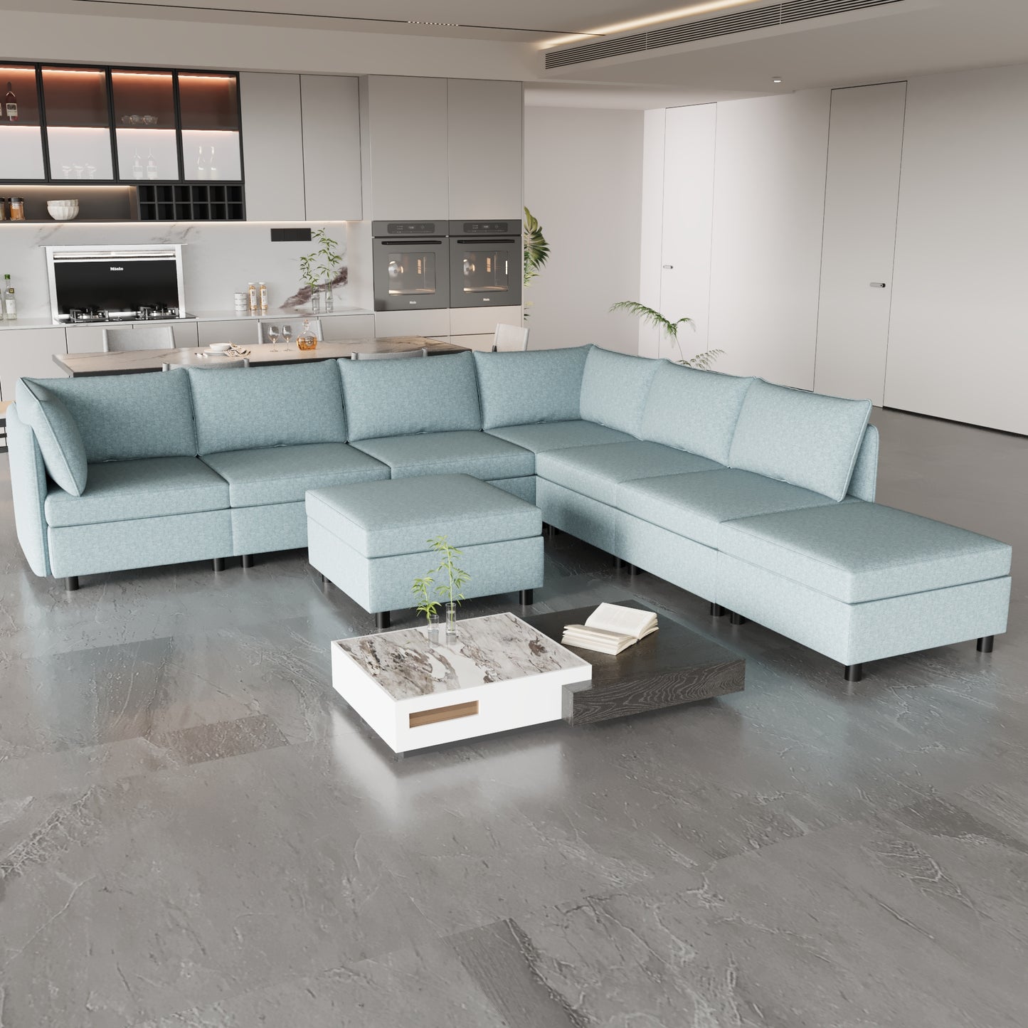 Light blue fabric sectional sofa with chaise and ottoman modern living room setup