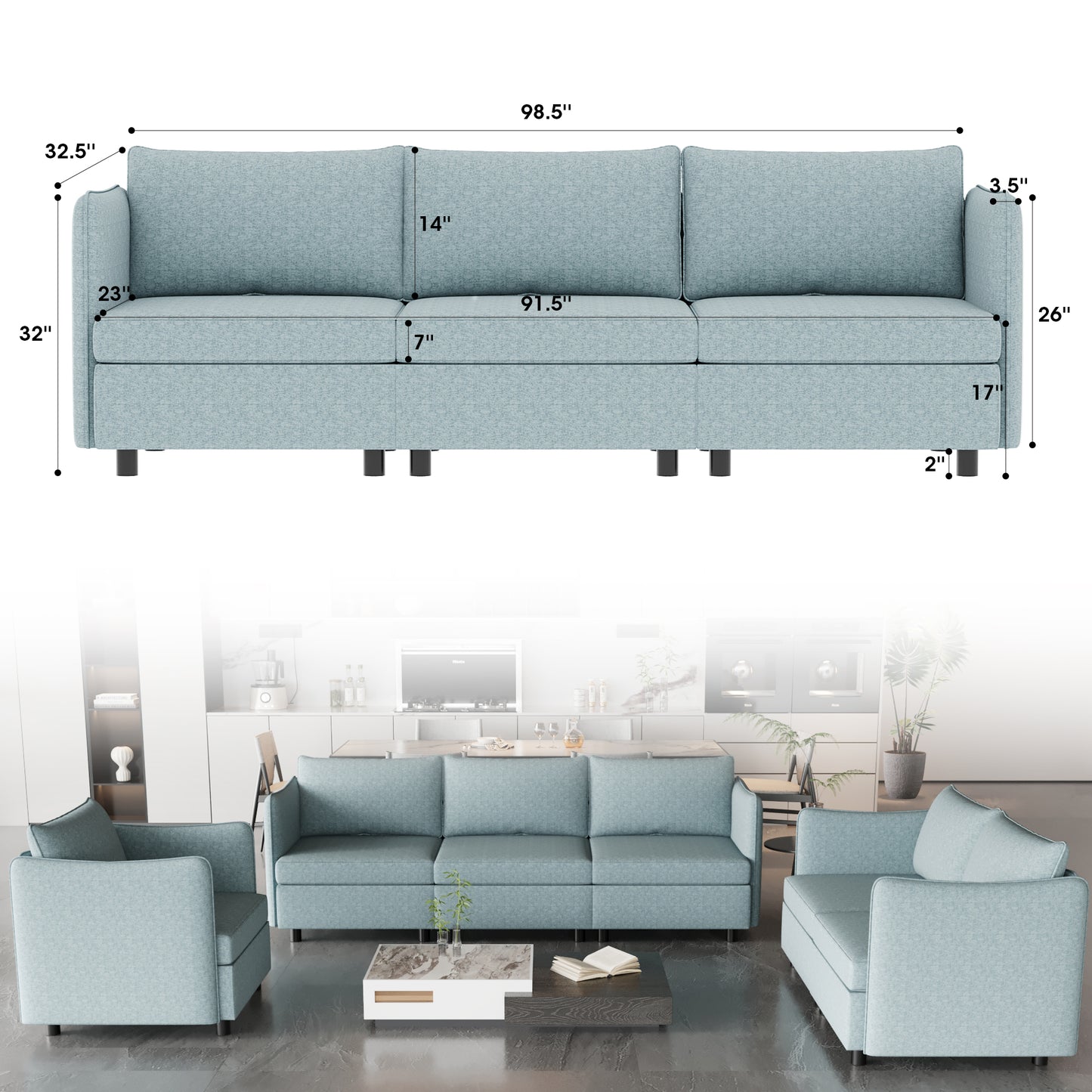 Light blue fabric sofa with plush cushions and modern design perfect for living rooms