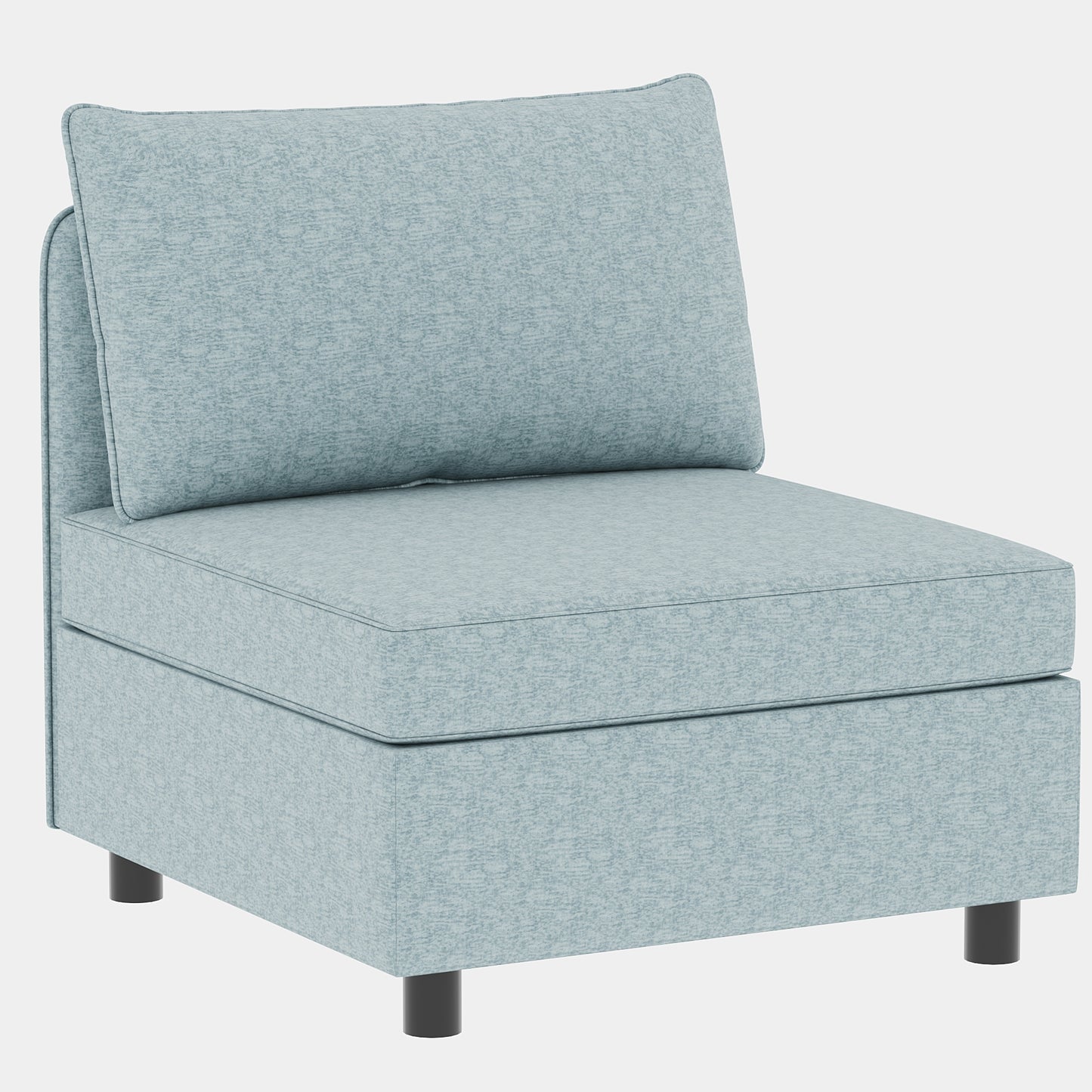 Light blue textured fabric armchair module with plush cushions and dark cylindrical legs