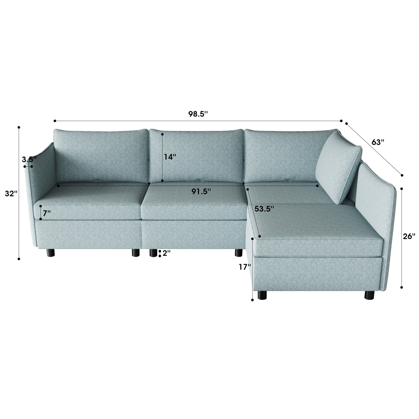 Light blue upholstered sectional sofa with rightarm facing chaise for modern living rooms