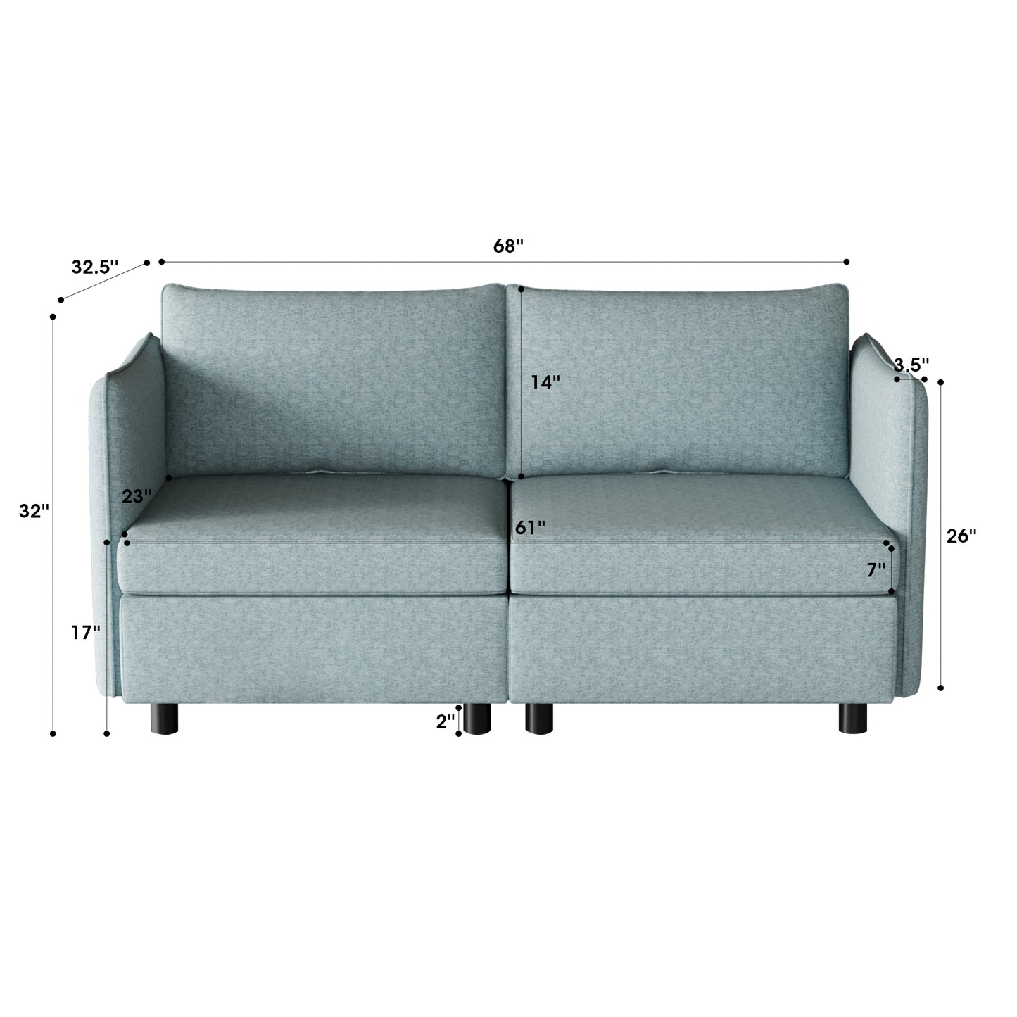 Light blue upholstered sofa with dimensions indicated ideal for compact living spaces
