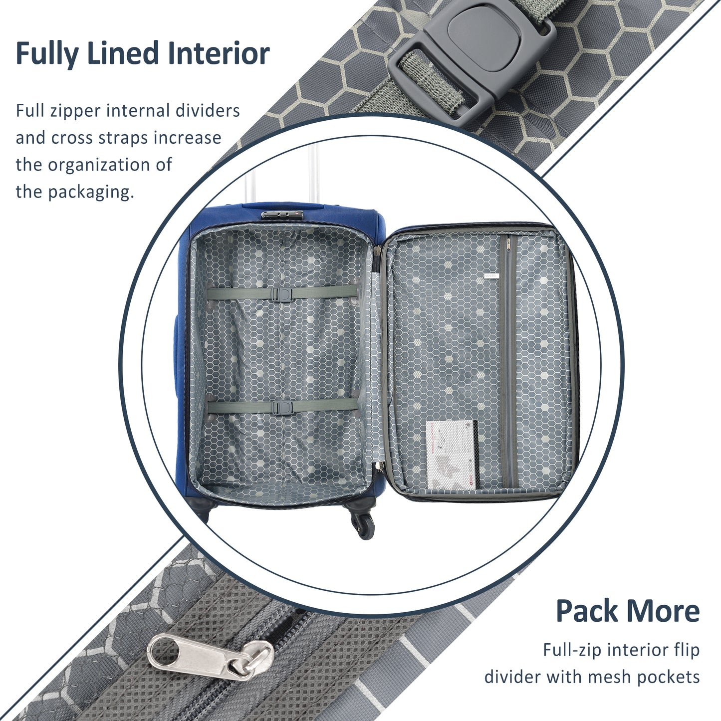 Blue suitcase interior with grey honeycomb lining dividers and straps