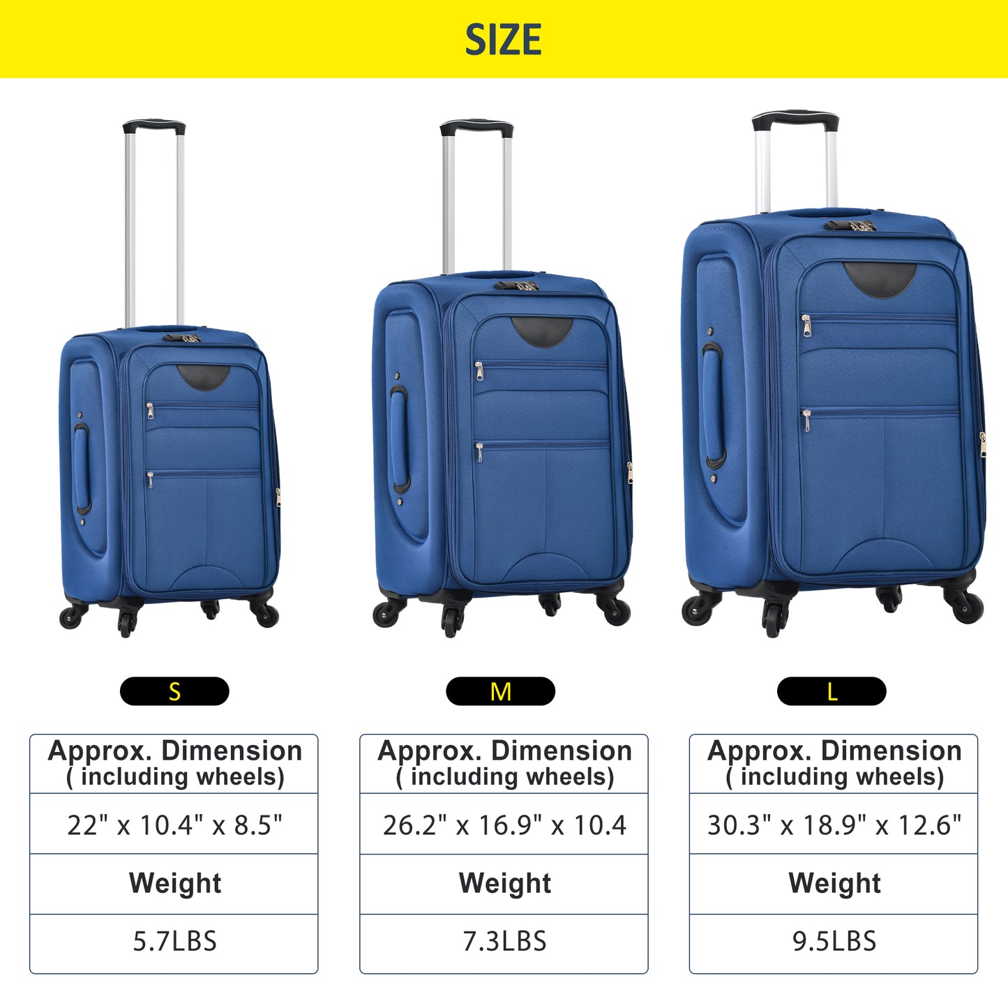 Small blue spinner suitcase with telescopic handle and wheels