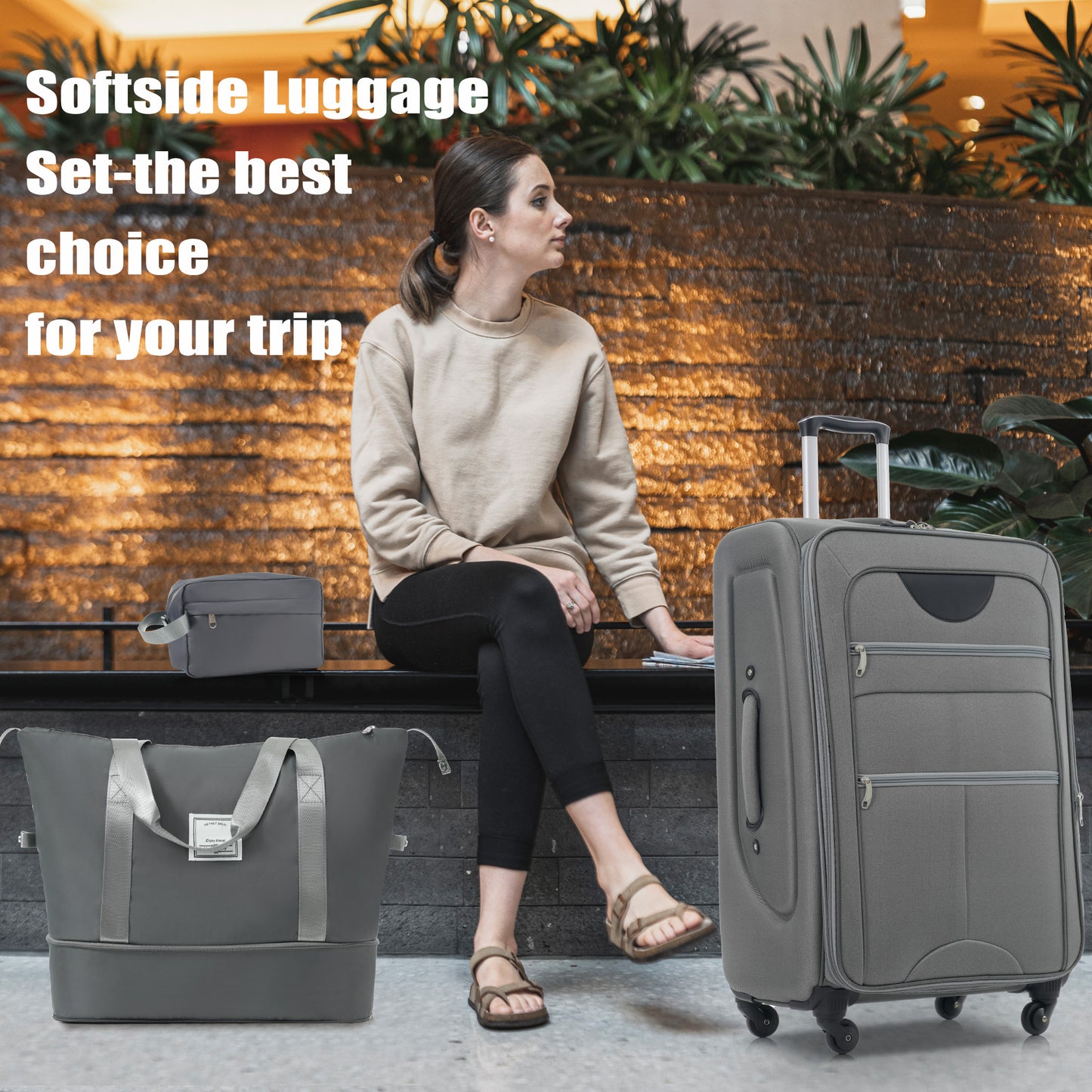 Gray softside luggage set with duffel bag and travel organizer