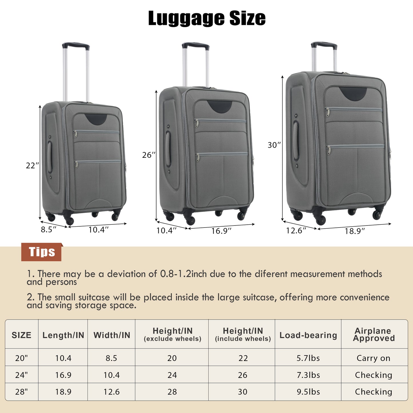 Grey inch softshell carryon luggage with spinner wheels and telescopic handle