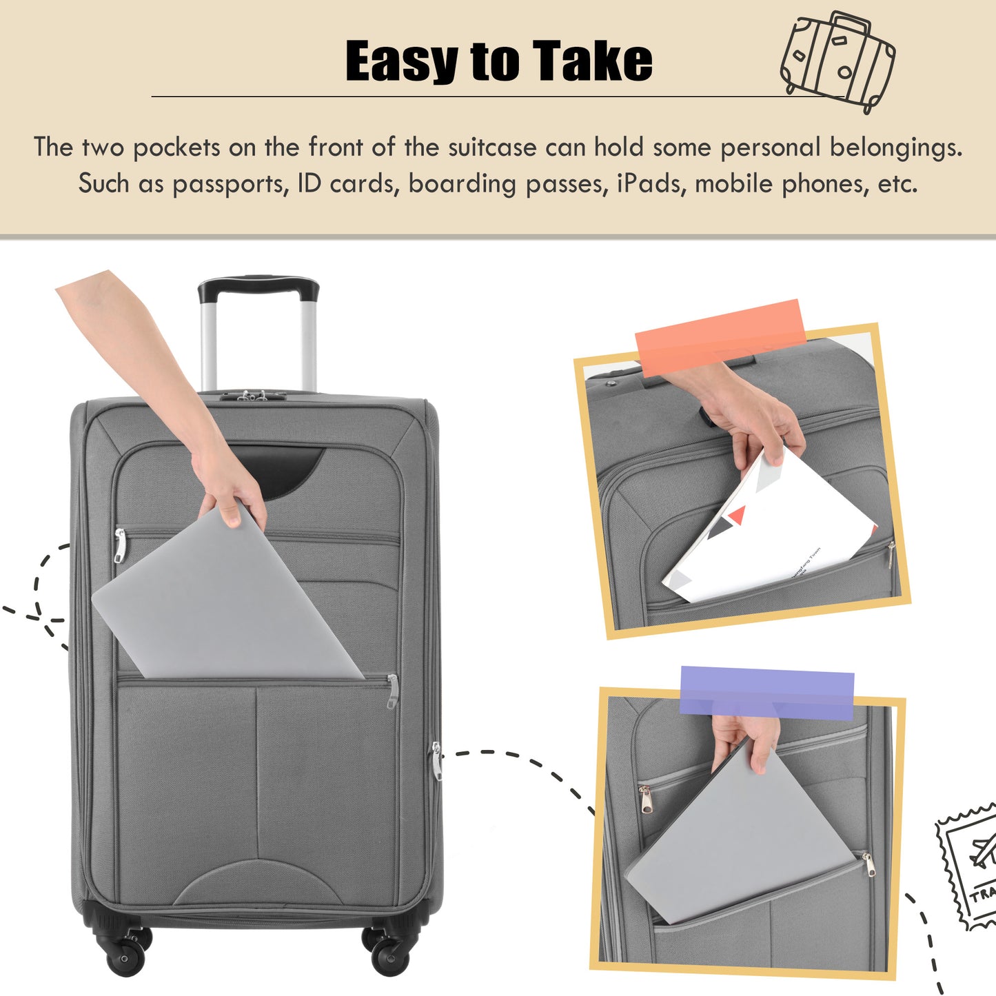 Gray rolling suitcase with front pocket holding a laptop