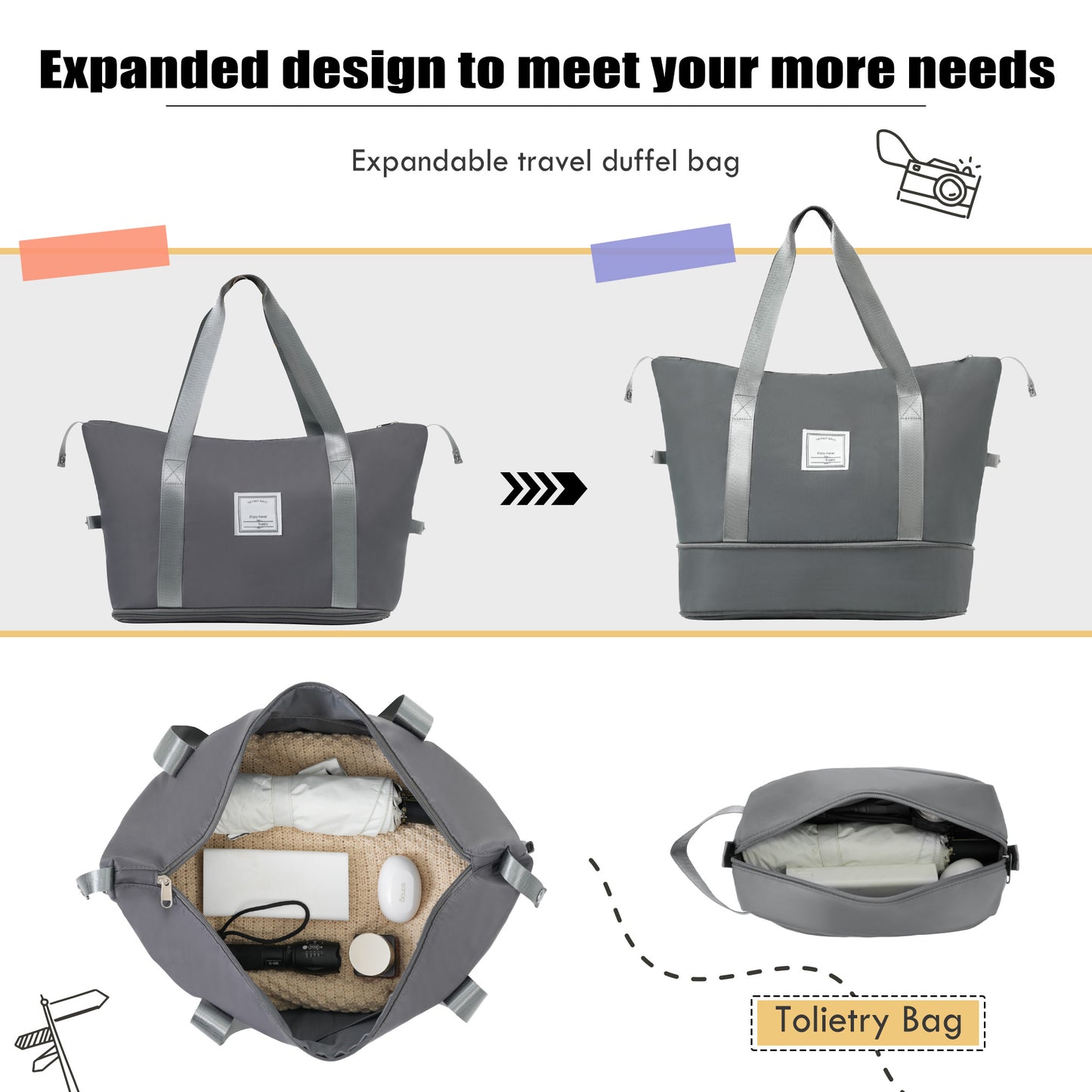 Dark grey expandable travel duffel bag shown in two sizes