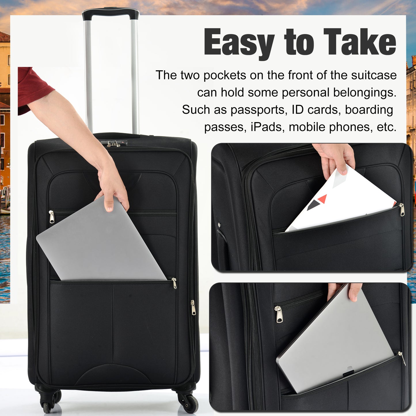 Black suitcase with laptop in front pocket