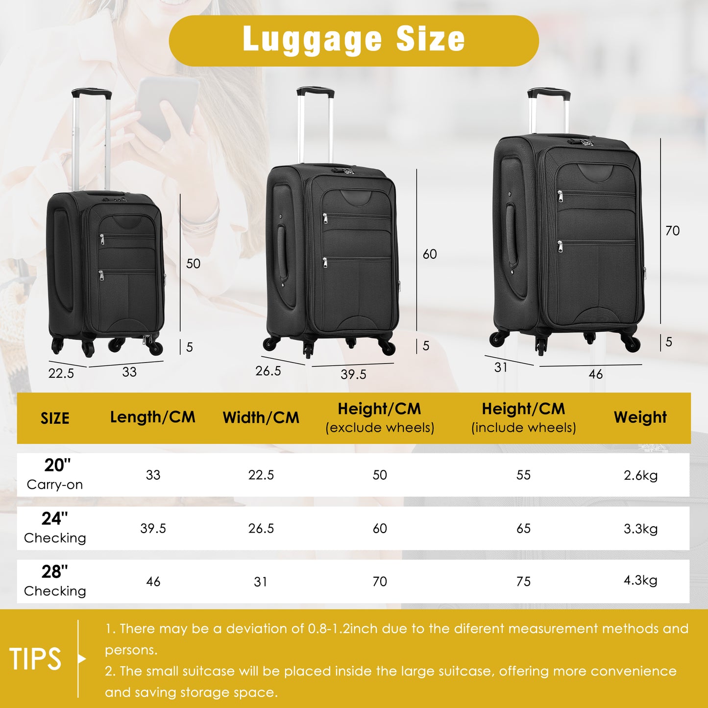 Black inch carryon luggage with expandable dimensions and smoothrolling wheels