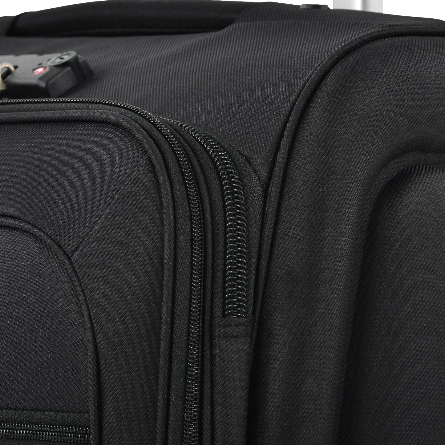 Black expandable suitcase detail with TSA lock and zippered pocket