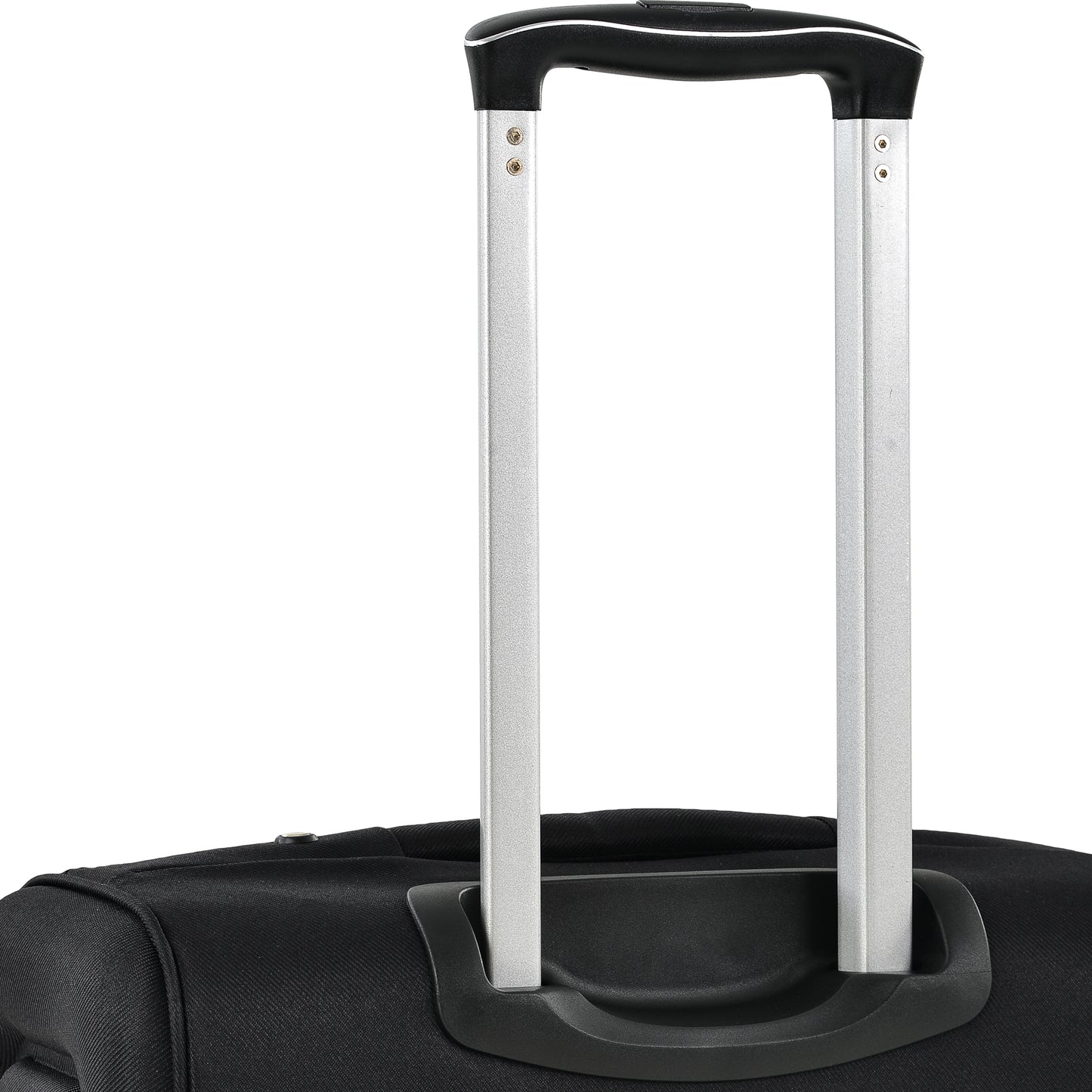 Black softshell suitcase with a silver telescopic handle