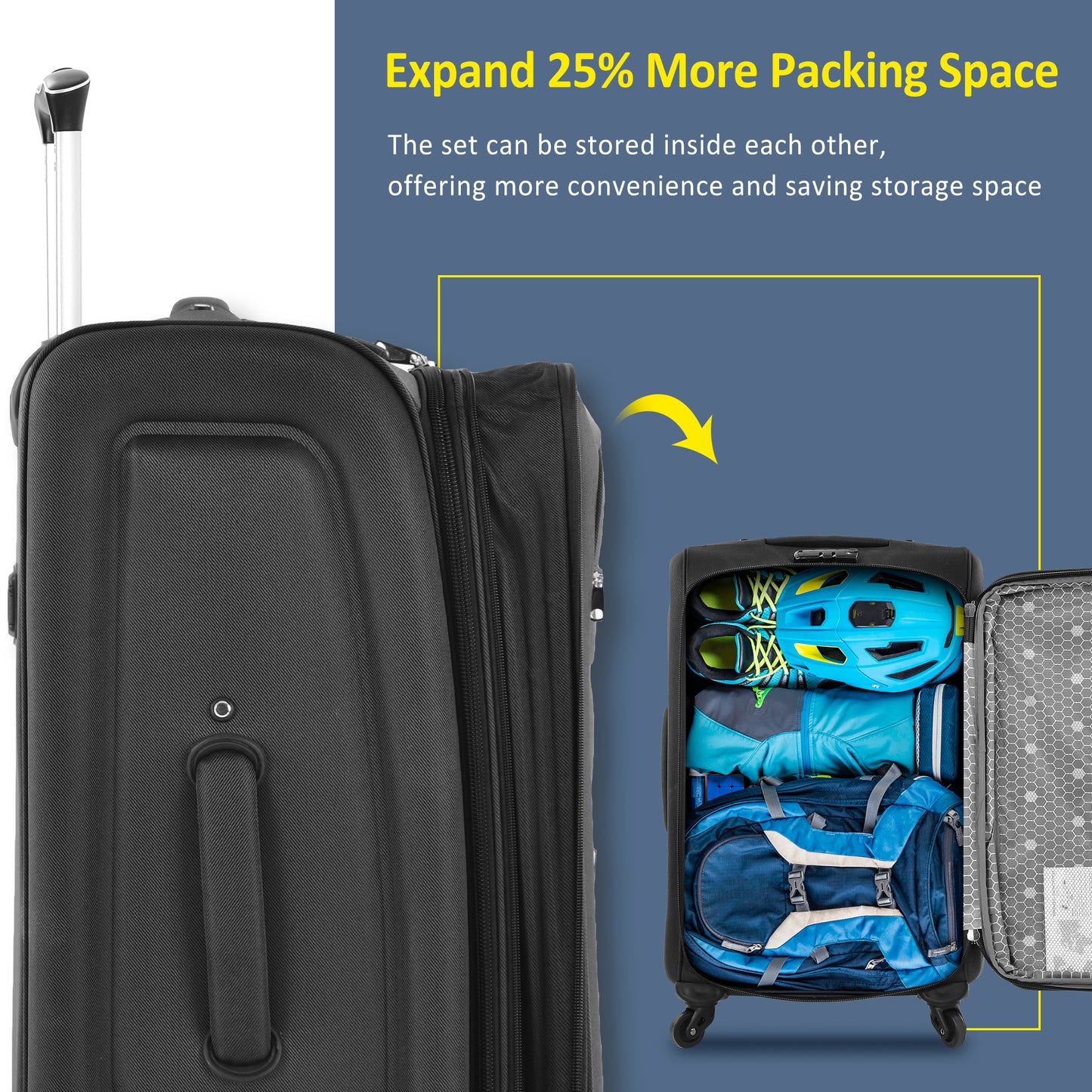 Black fabric expandable suitcase with travel gear inside