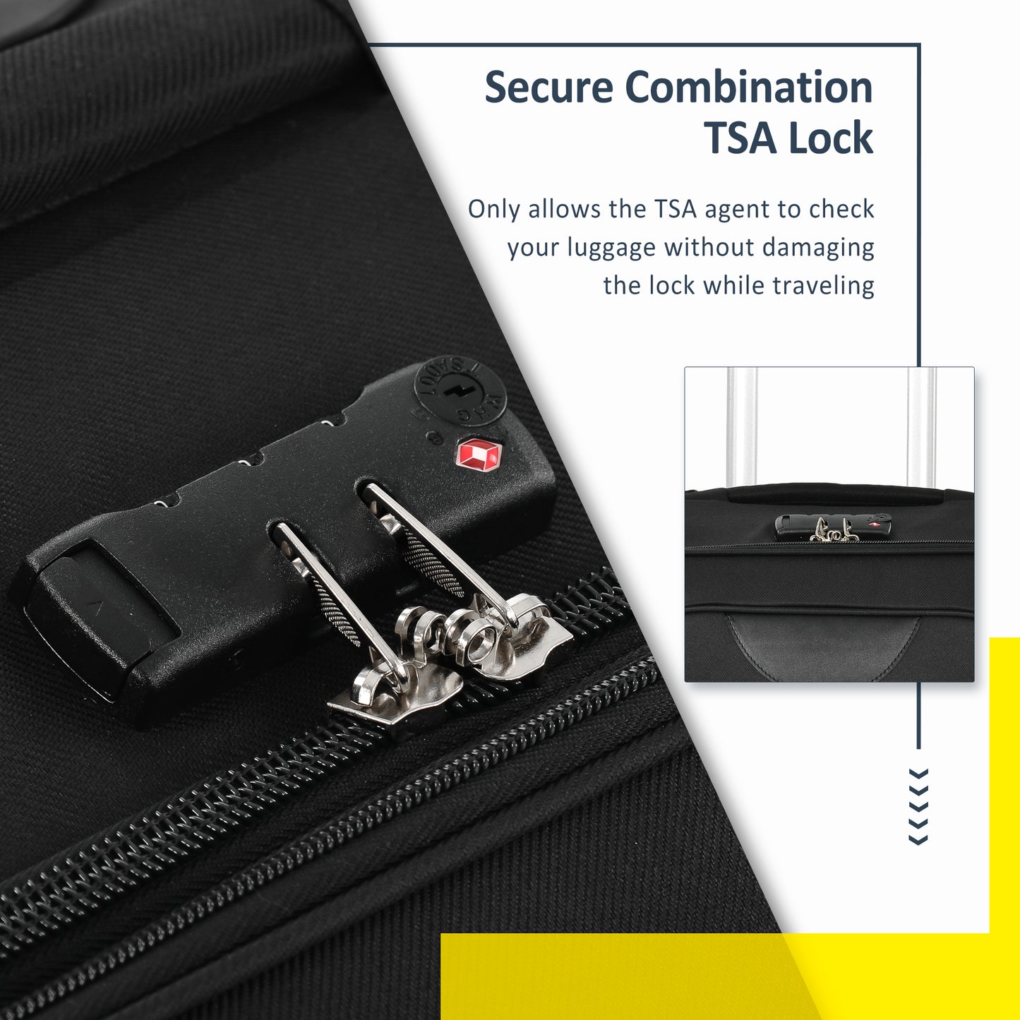 Black TSA lock with silver clasps on a zippered black suitcase detail