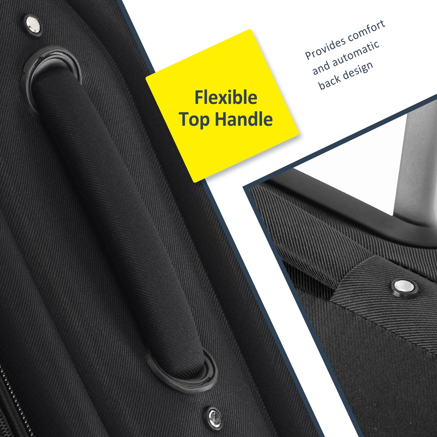 Black fabric suitcase with padded top handle and metal grommets