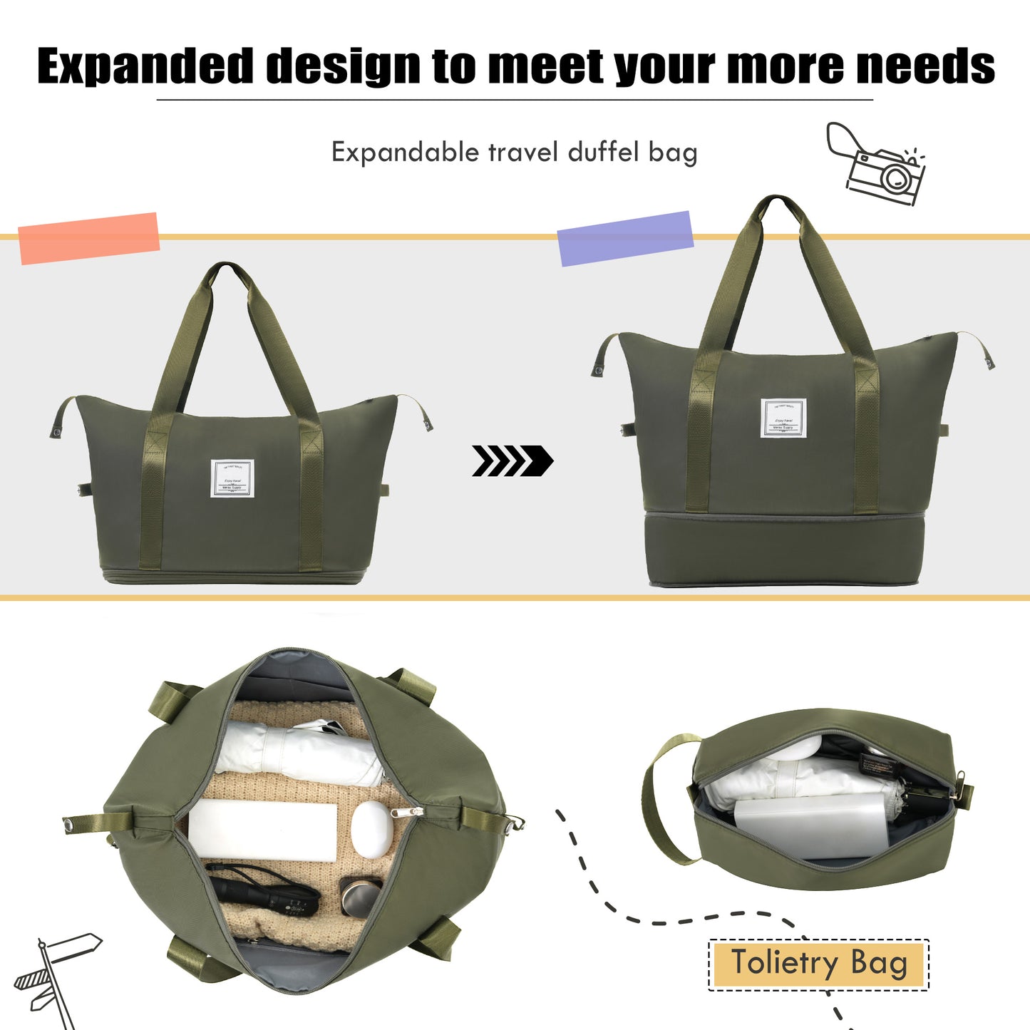 Green expandable travel duffel bag shown expanded and unexpanded