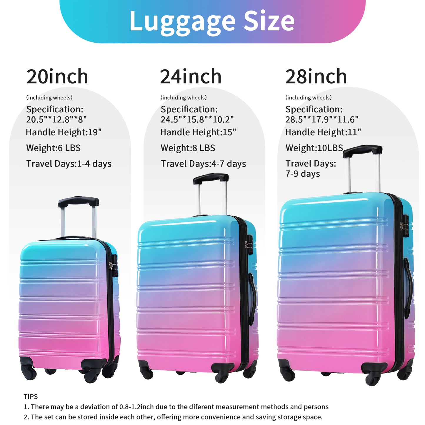 inch rolling luggage with iridescent blue and pink gradient finish and retractable handle