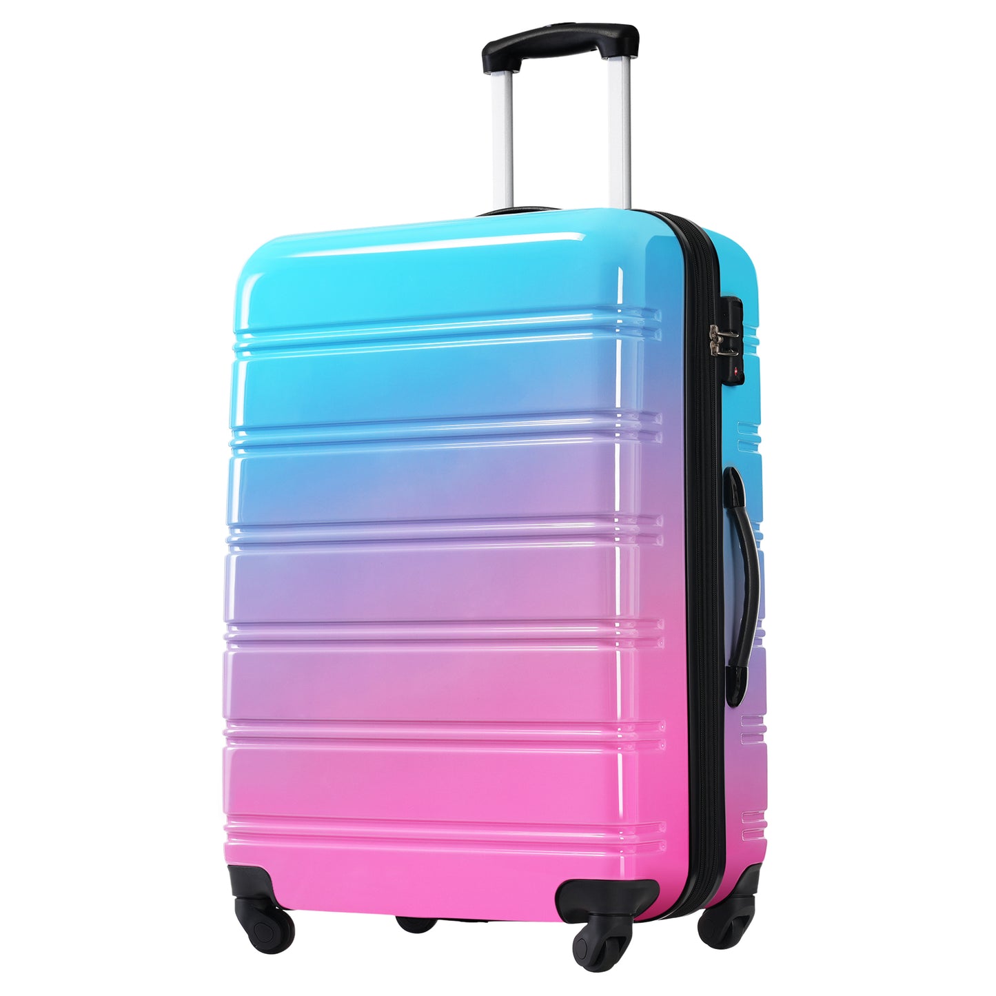 Hardside carryon suitcase with ombre blue and pink gradient spinner wheels