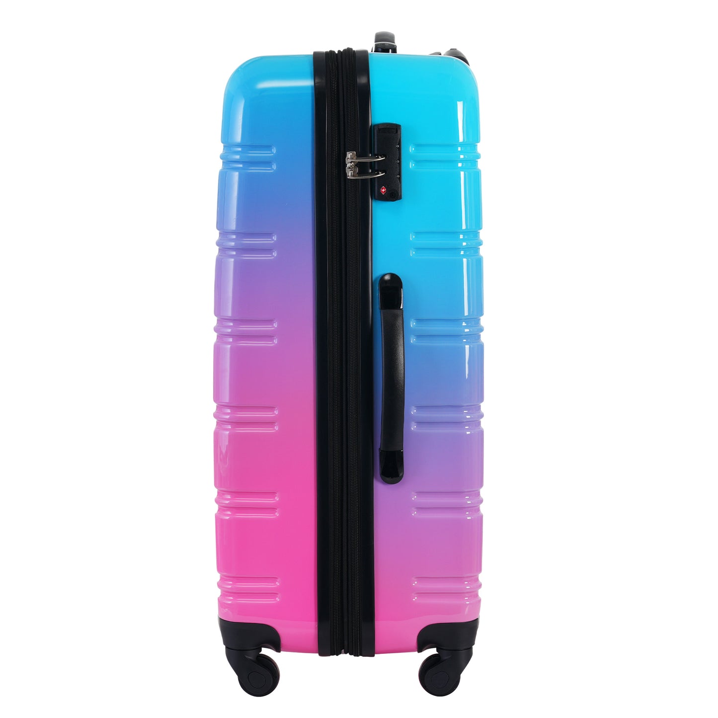 Blue to pink ombre hard shell suitcase with TSA lock and wheels