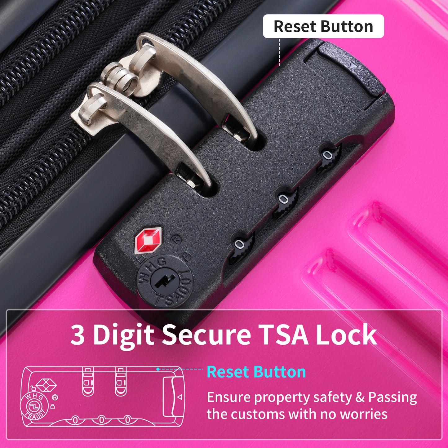Pink suitcase with a digit TSA lock and metal zipper pulls for secure travel