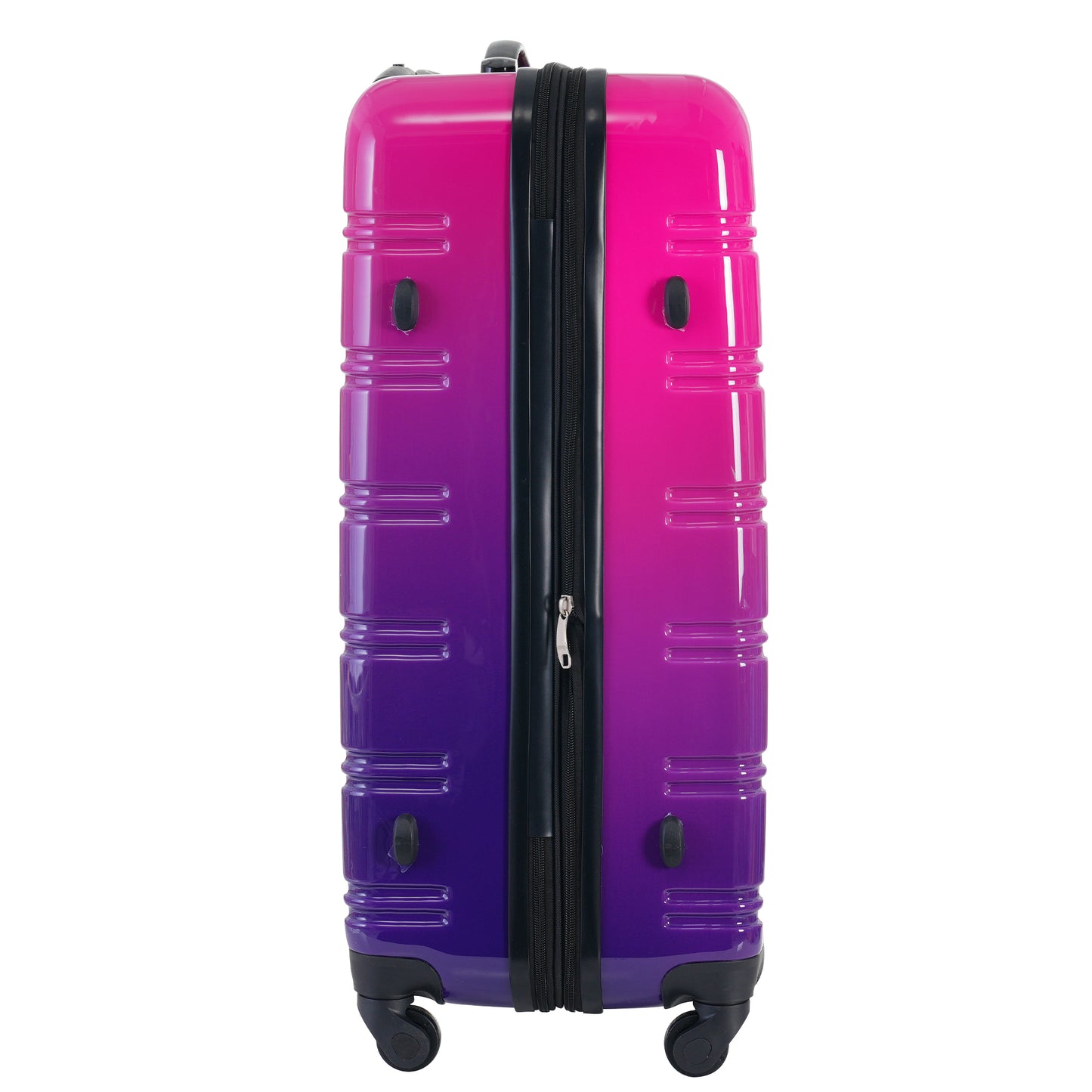 Hardside suitcase with pink to purple ombre gradient and black zipper detail