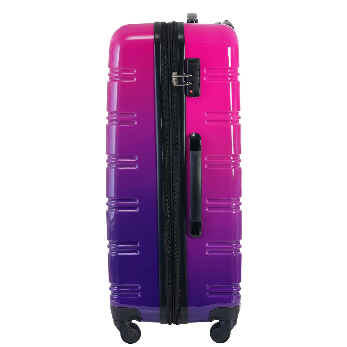 Glossy pink to purple gradient hardshell suitcase with TSA lock and black handle