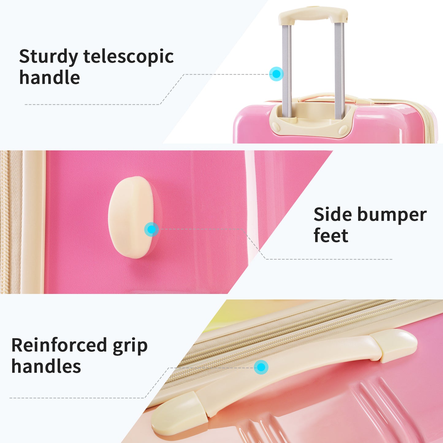 Closeup of a pink suitcase with a sturdy telescopic handle ideal for travel