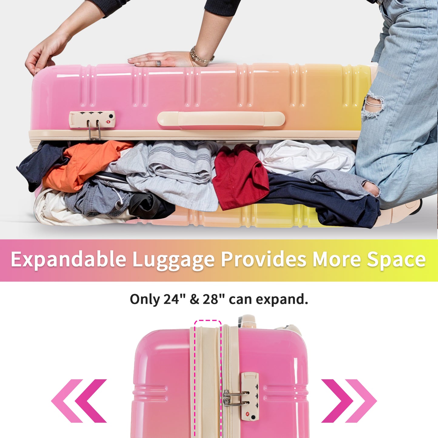Pink ombre expandable suitcase with TSA lock filled with clothing