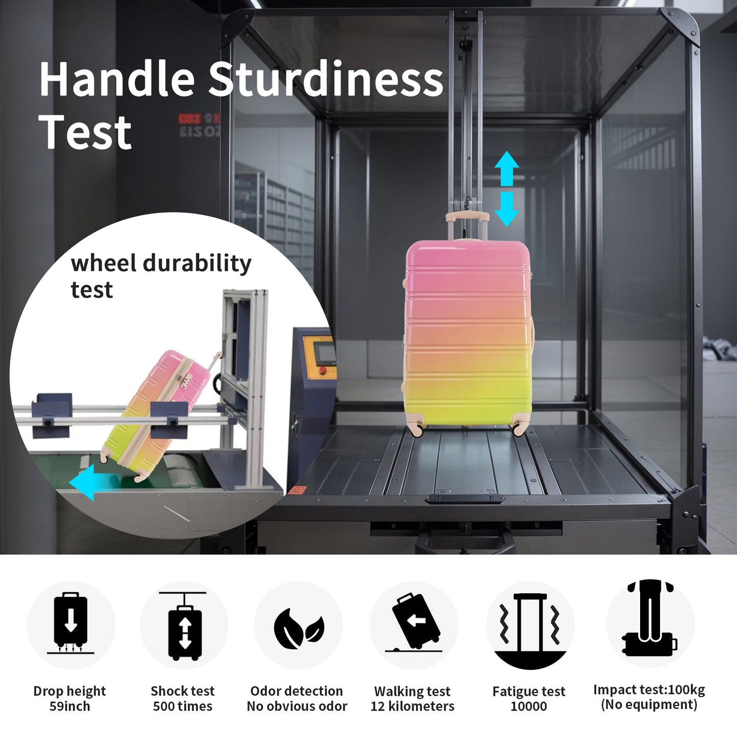 Rainbow gradient suitcase handle sturdiness test with pullup mechanism
