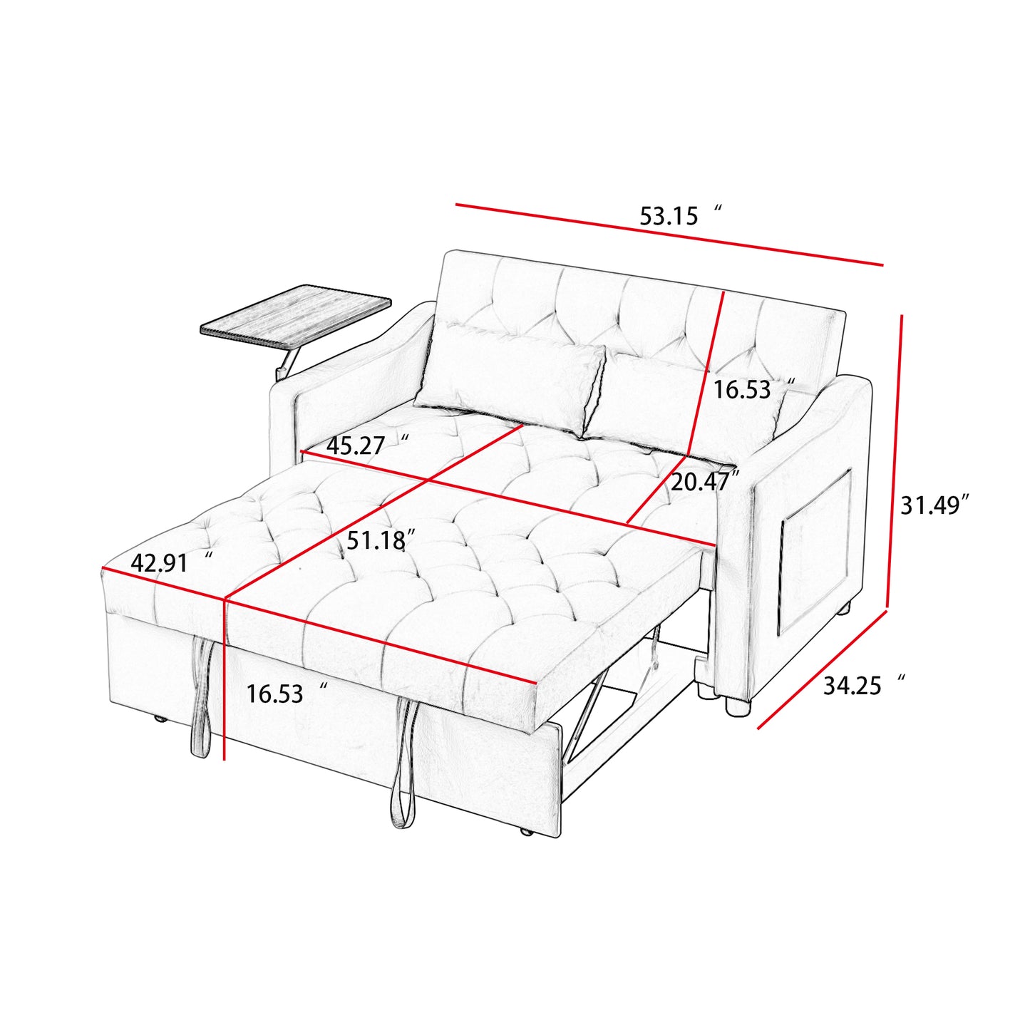 Sofa bed with pullout mattress and attached tray sketched dimensions shown